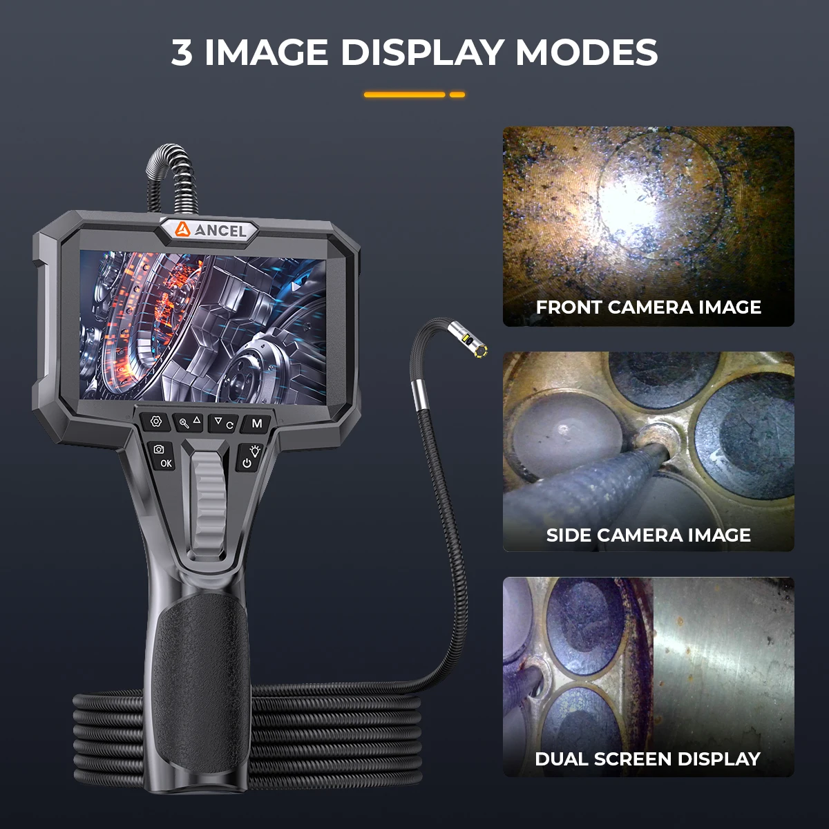 ANCEL AN302 Two-Way Articulating Borescope IP67 6.5MM Dual Lens Endoscope Inspection Camera 7 LED Lights Car Inspection Tools