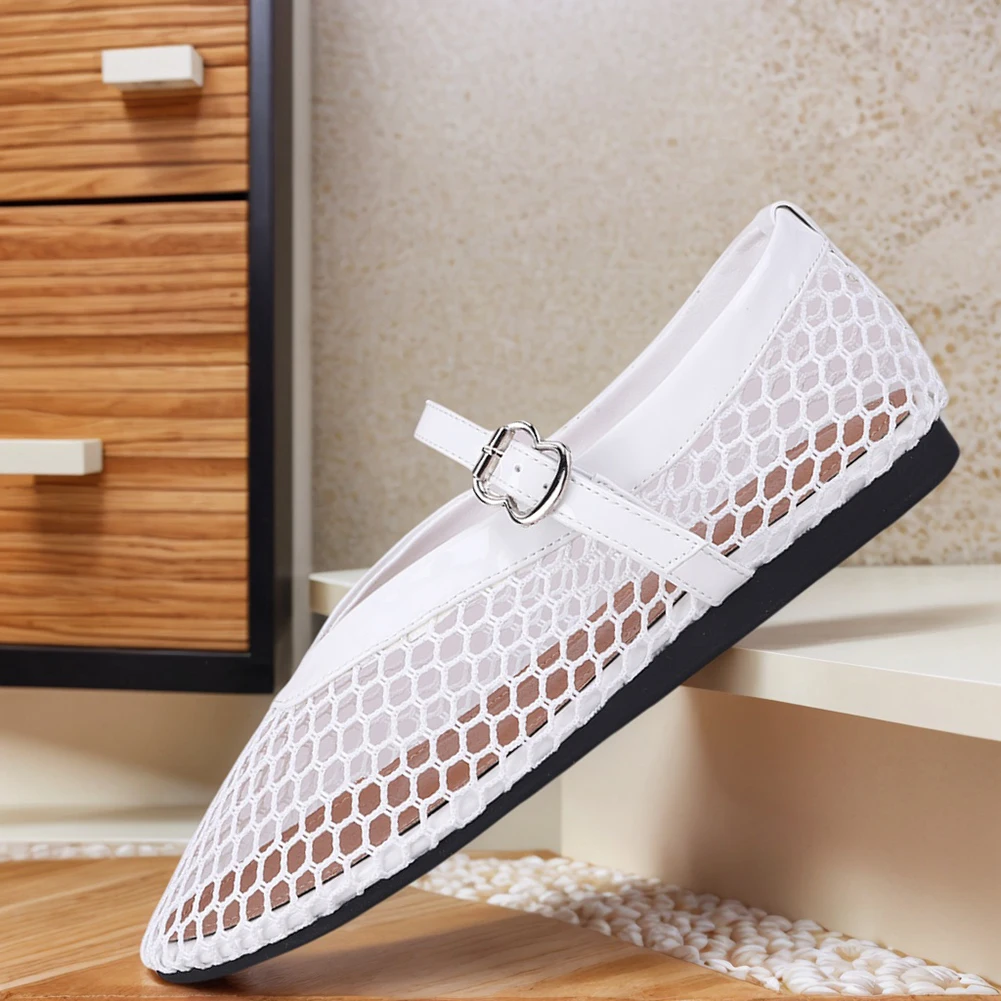 Women Mesh Ballet Flats Fishnet Ballerina Flats Breathable Slip On Ballerina Shoes Buckle Strap Daily Dress Shoes for Commuting
