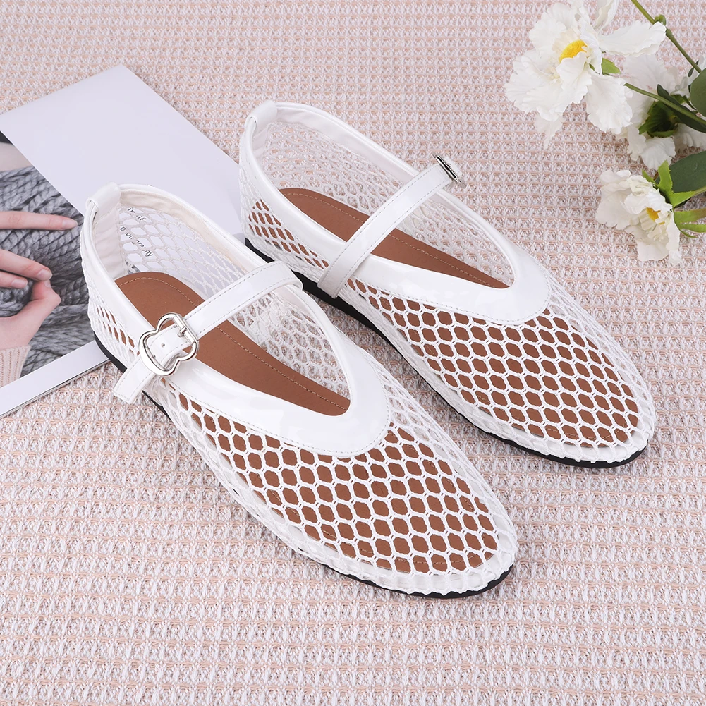 Women Mesh Ballet Flats Fishnet Ballerina Flats Breathable Slip On Ballerina Shoes Buckle Strap Daily Dress Shoes for Commuting