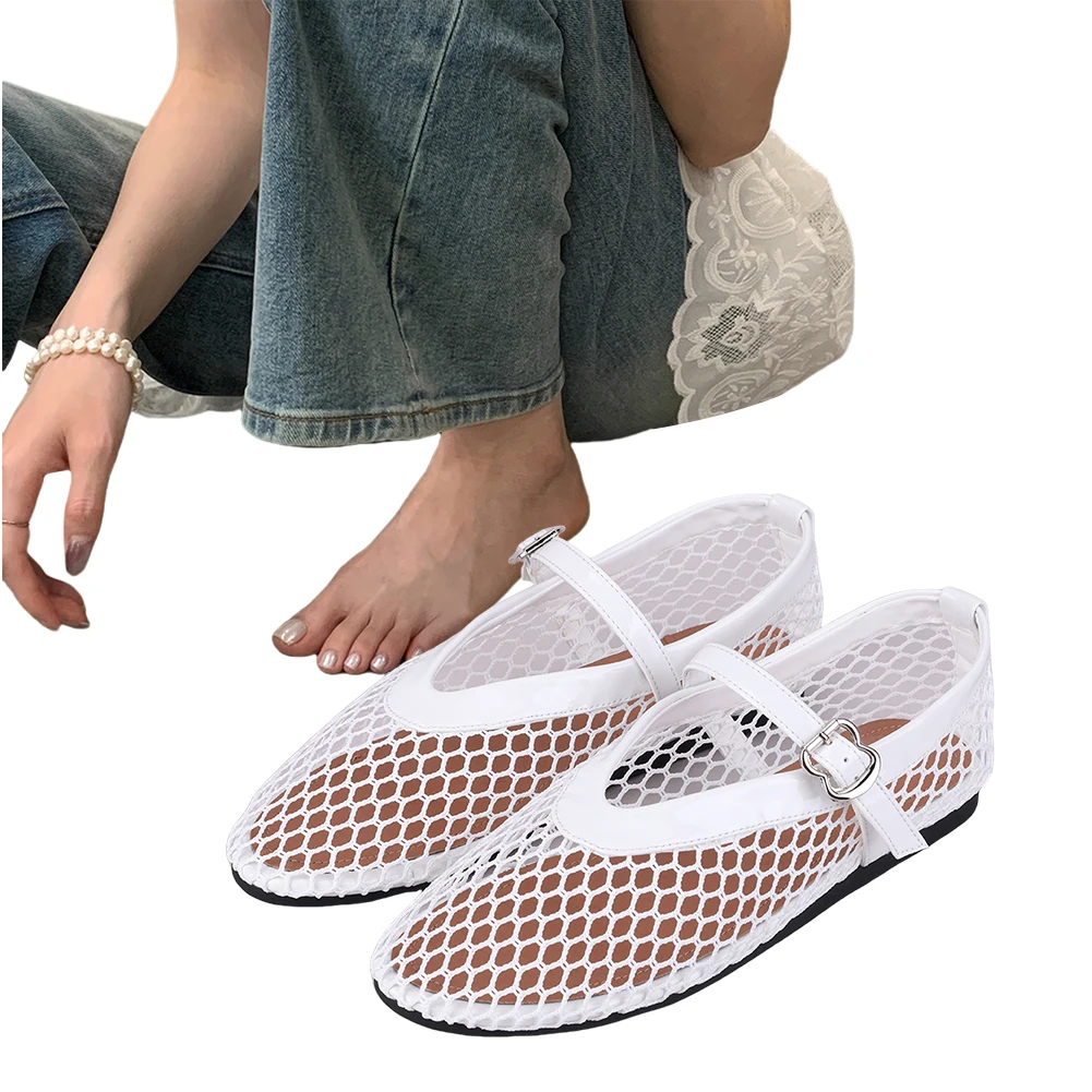 Women Mesh Ballet Flats Fishnet Ballerina Flats Breathable Slip On Ballerina Shoes Buckle Strap Daily Dress Shoes for Commuting