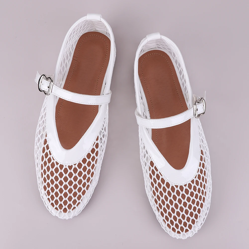 Women Mesh Ballet Flats Fishnet Ballerina Flats Breathable Slip On Ballerina Shoes Buckle Strap Daily Dress Shoes for Commuting