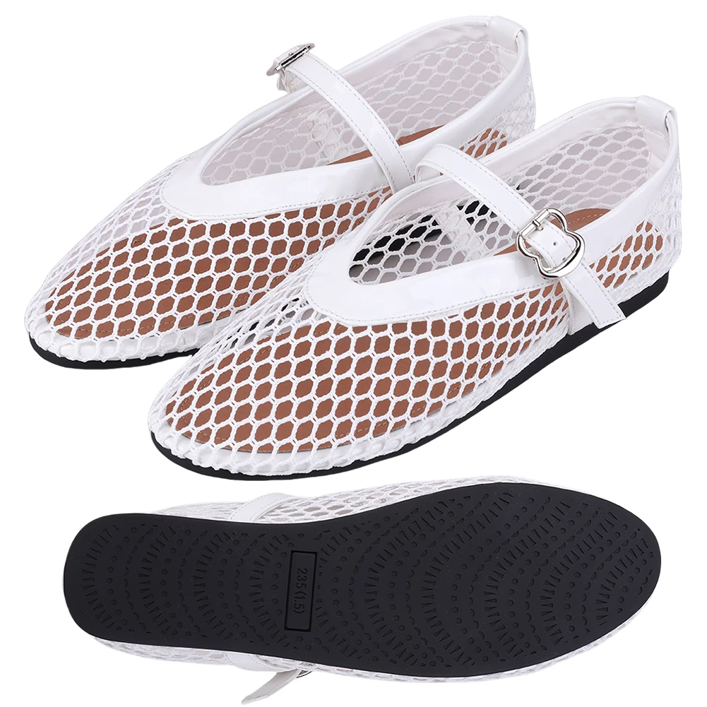 Women Mesh Ballet Flats Fishnet Ballerina Flats Breathable Slip On Ballerina Shoes Buckle Strap Daily Dress Shoes for Commuting