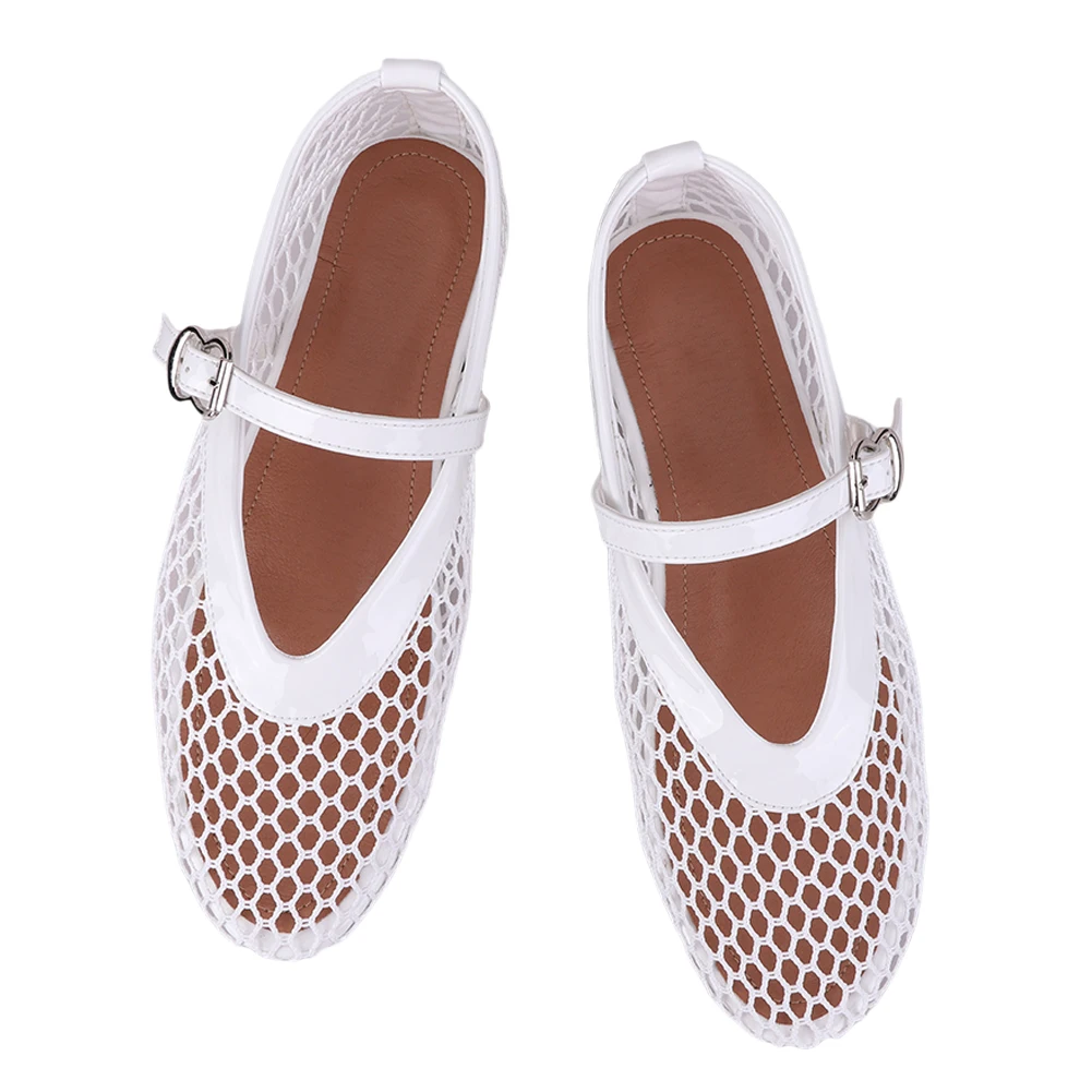 Women Mesh Ballet Flats Fishnet Ballerina Flats Breathable Slip On Ballerina Shoes Buckle Strap Daily Dress Shoes for Commuting