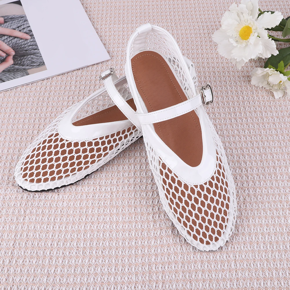 Women Mesh Ballet Flats Fishnet Ballerina Flats Breathable Slip On Ballerina Shoes Buckle Strap Daily Dress Shoes for Commuting