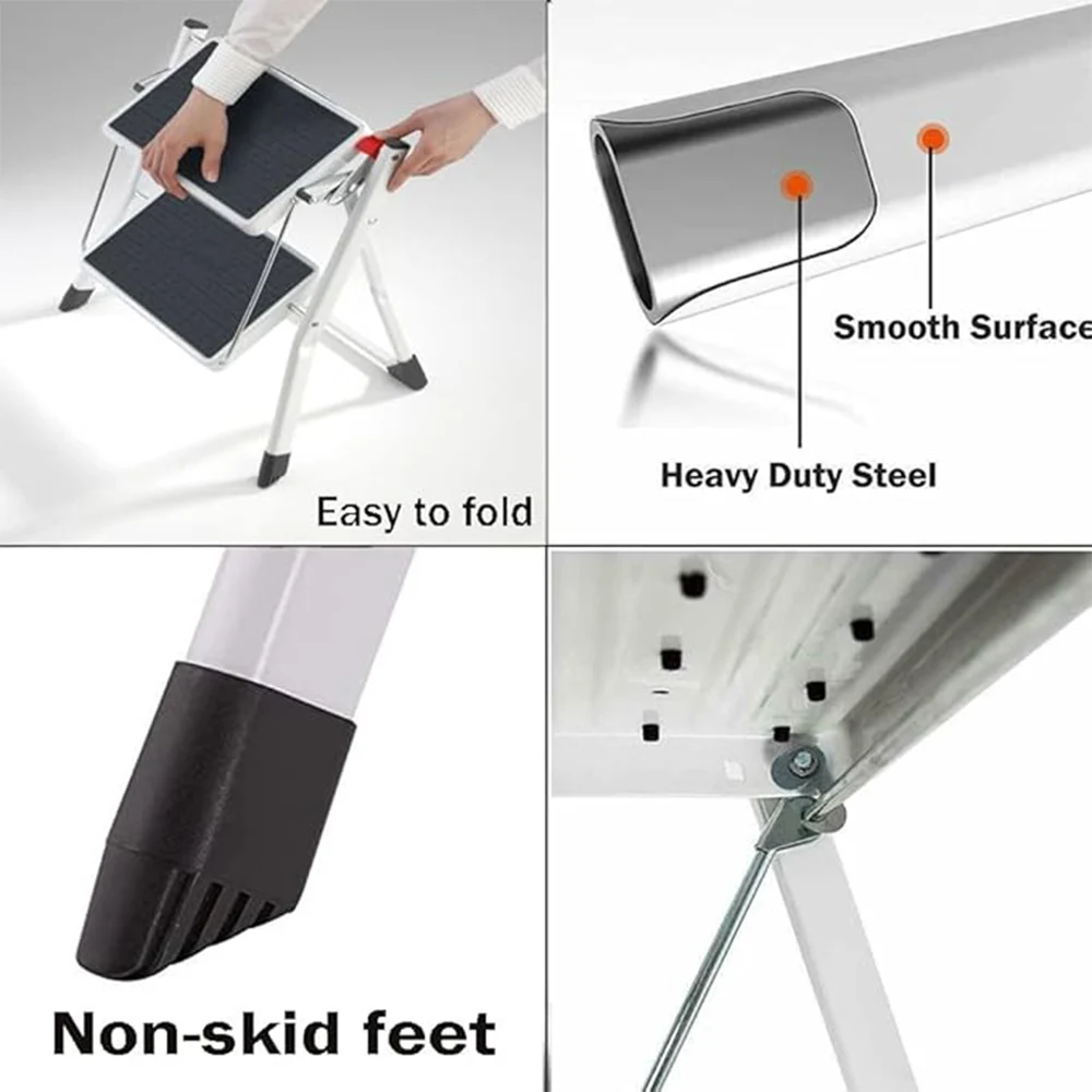 2 Step Ladder Folding Step Stool for Kitchen Caravan Home and Office,Compact Portable Steel Stepladder,Anti-Slip Feet,Multi-Use