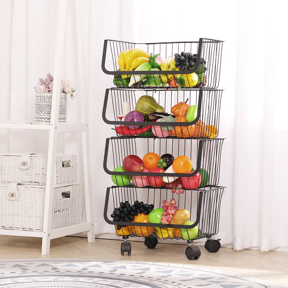 Voltsify Stackable Rolling Metal Wire Basket Trolley Rack Fruit Vegetable Storage Holder for Kitchen