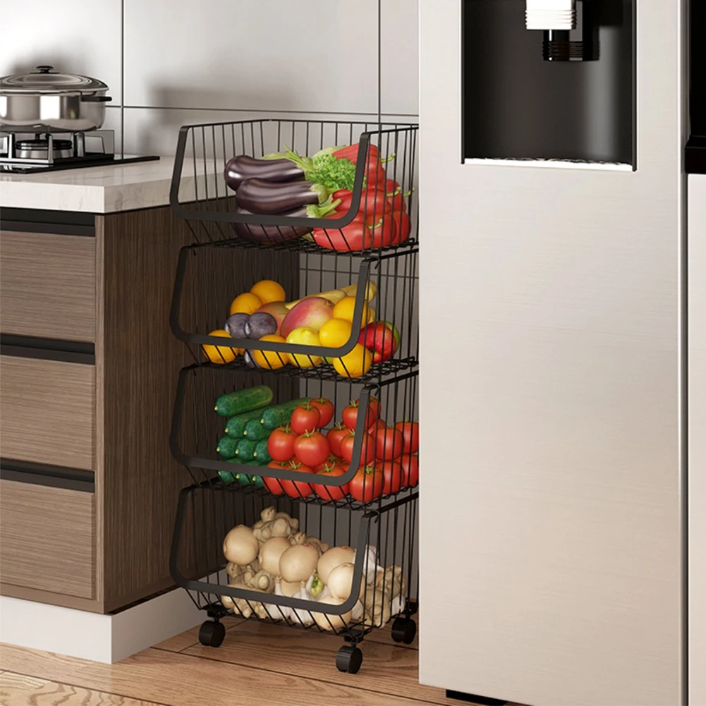 Voltsify Stackable Rolling Metal Wire Basket Trolley Rack Fruit Vegetable Storage Holder for Kitchen