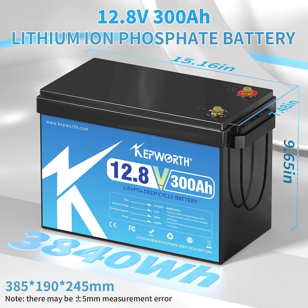 KEPWORTH 12V 300Ah LiFePO4 Battery Deep Cycle for RV Boat Solar Trolling Motor, UK Stock Fast Shipping