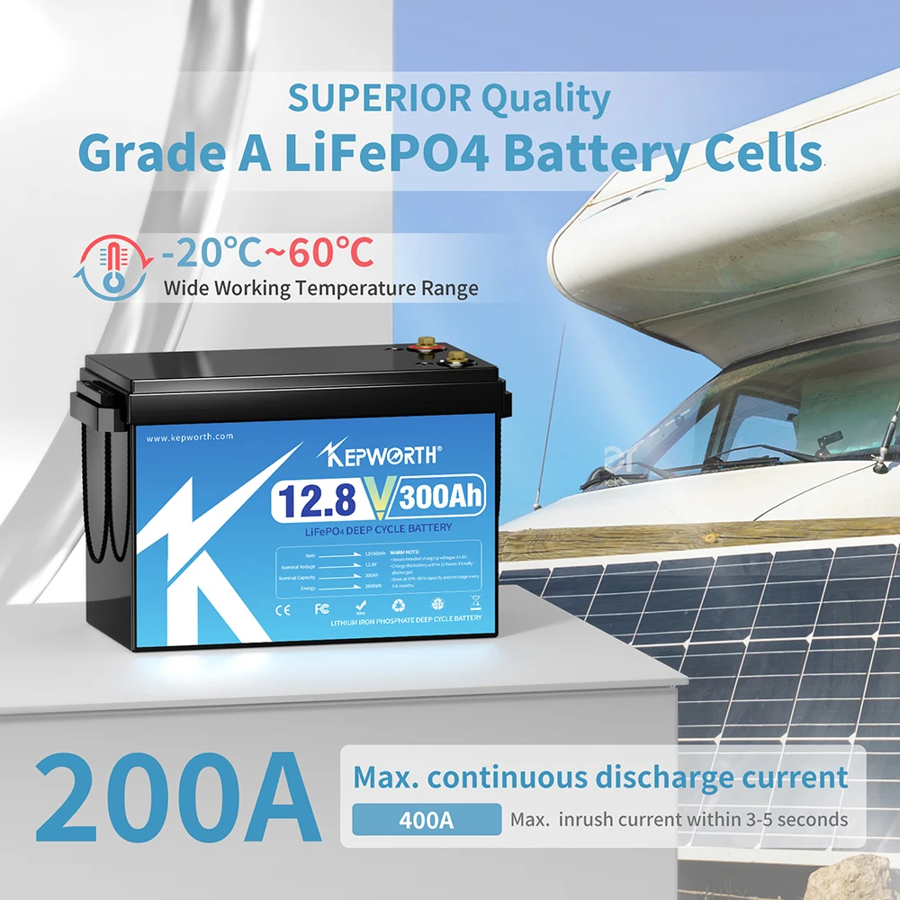 KEPWORTH 12V 300Ah LiFePO4 Battery Deep Cycle for RV Boat Solar Trolling Motor, UK Stock Fast Shipping