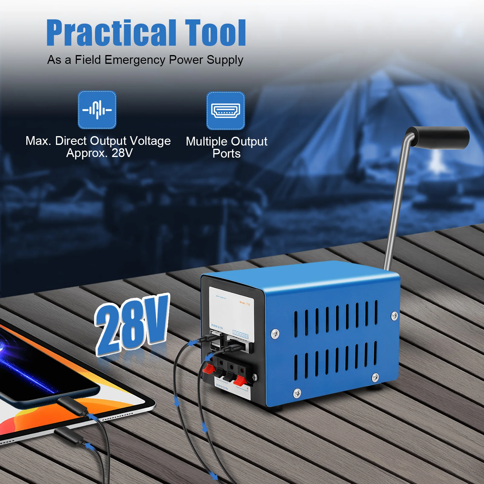 20W Hand Crank Generator Portable Emergency Power Supply USB Charging Multi-Voltage Ports (3V-28V) for Outdoor Survival Camping