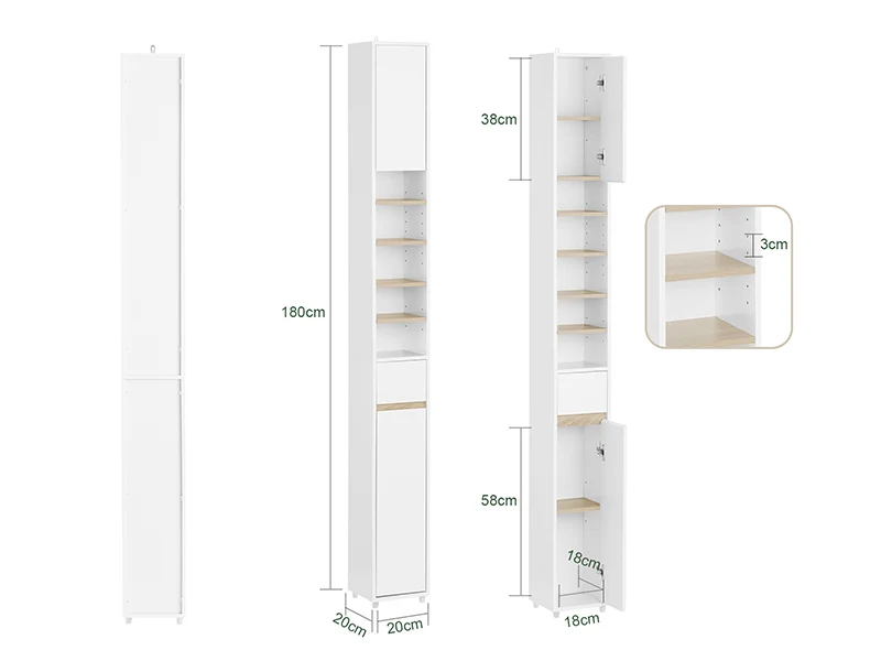 SoBuy BZR34 Tall Bathroom Cabinet 20cm Slim Cupboard Bathroom Storage Unit Water-Resistant MDF with Adjustable Shelves