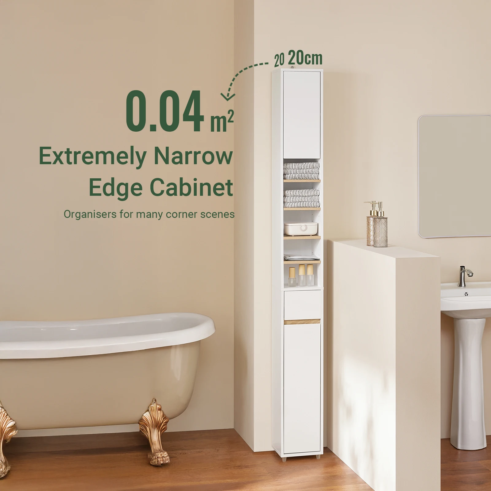 SoBuy BZR34 Tall Bathroom Cabinet 20cm Slim Cupboard Bathroom Storage Unit Water-Resistant MDF with Adjustable Shelves