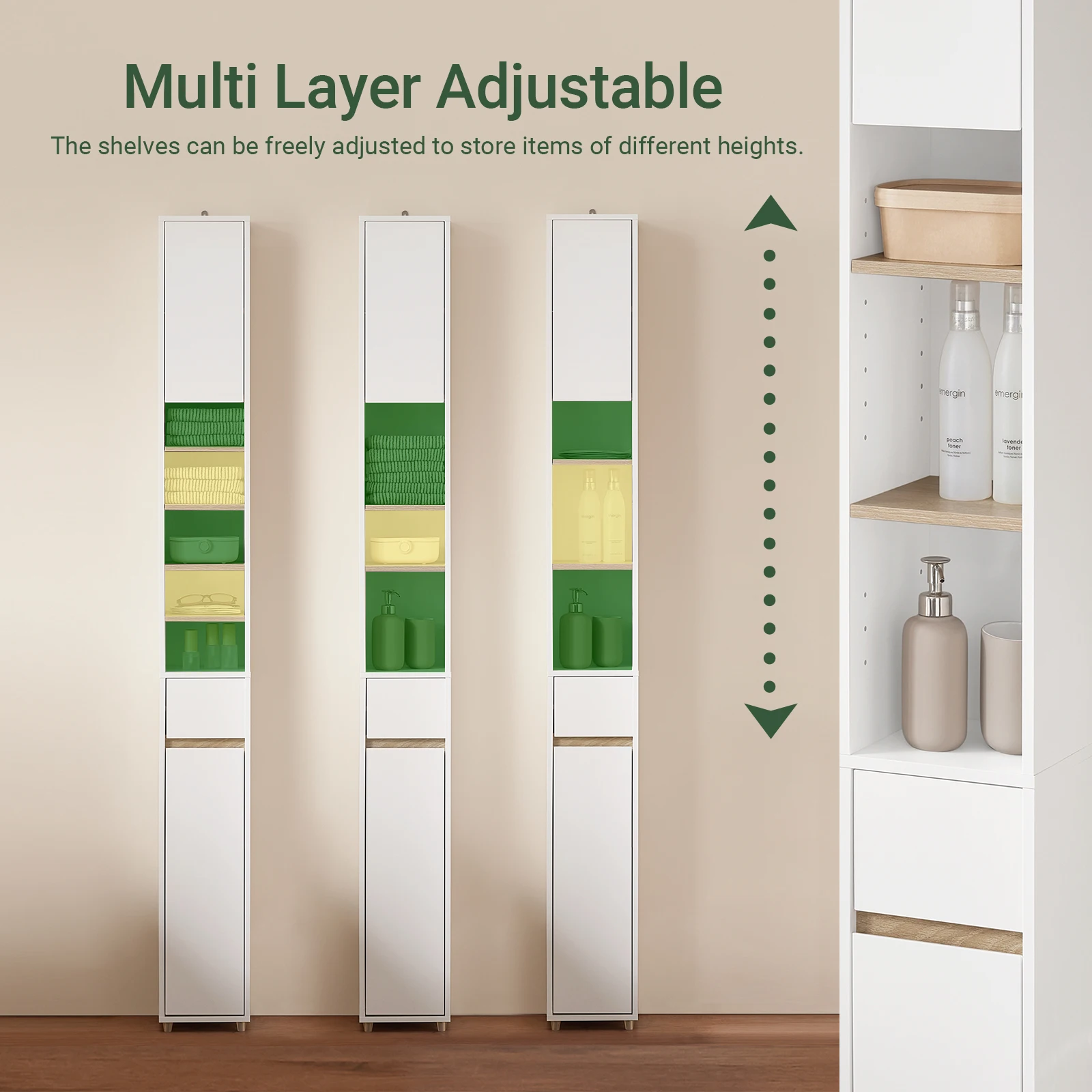 SoBuy BZR34 Tall Bathroom Cabinet 20cm Slim Cupboard Bathroom Storage Unit Water-Resistant MDF with Adjustable Shelves