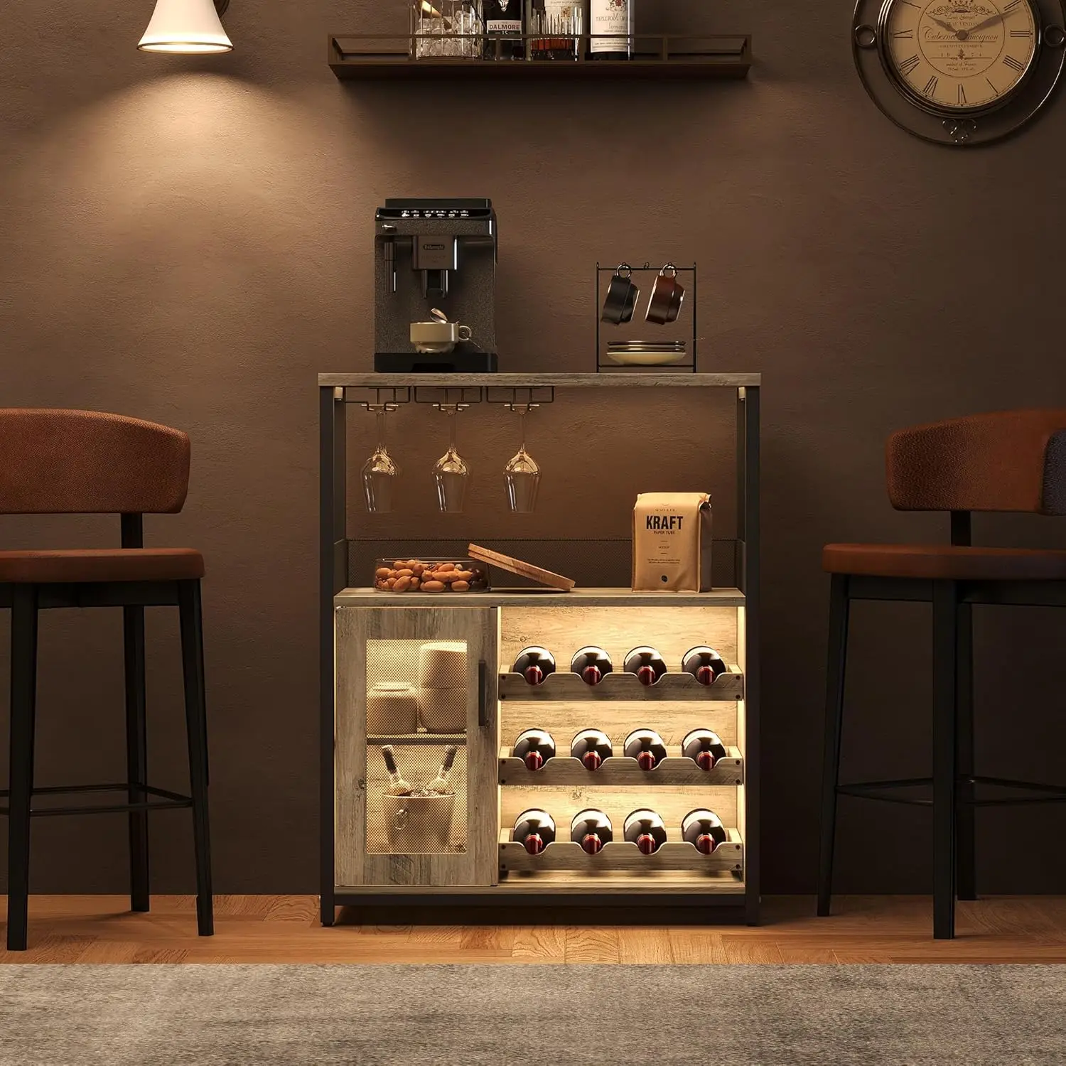 UK Bar Cabinet, Wine Rack Cabinet with Detachable Wine Rack, Adjustable Shelves Coffee Bar Cabinets with Mesh Door and Baffle De
