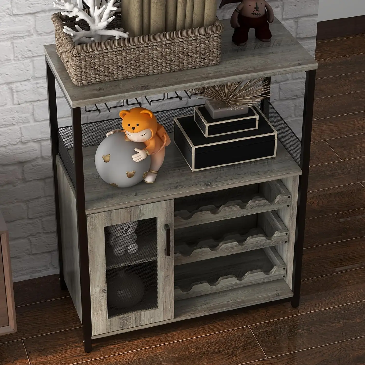 UK Bar Cabinet, Wine Rack Cabinet with Detachable Wine Rack, Adjustable Shelves Coffee Bar Cabinets with Mesh Door and Baffle De