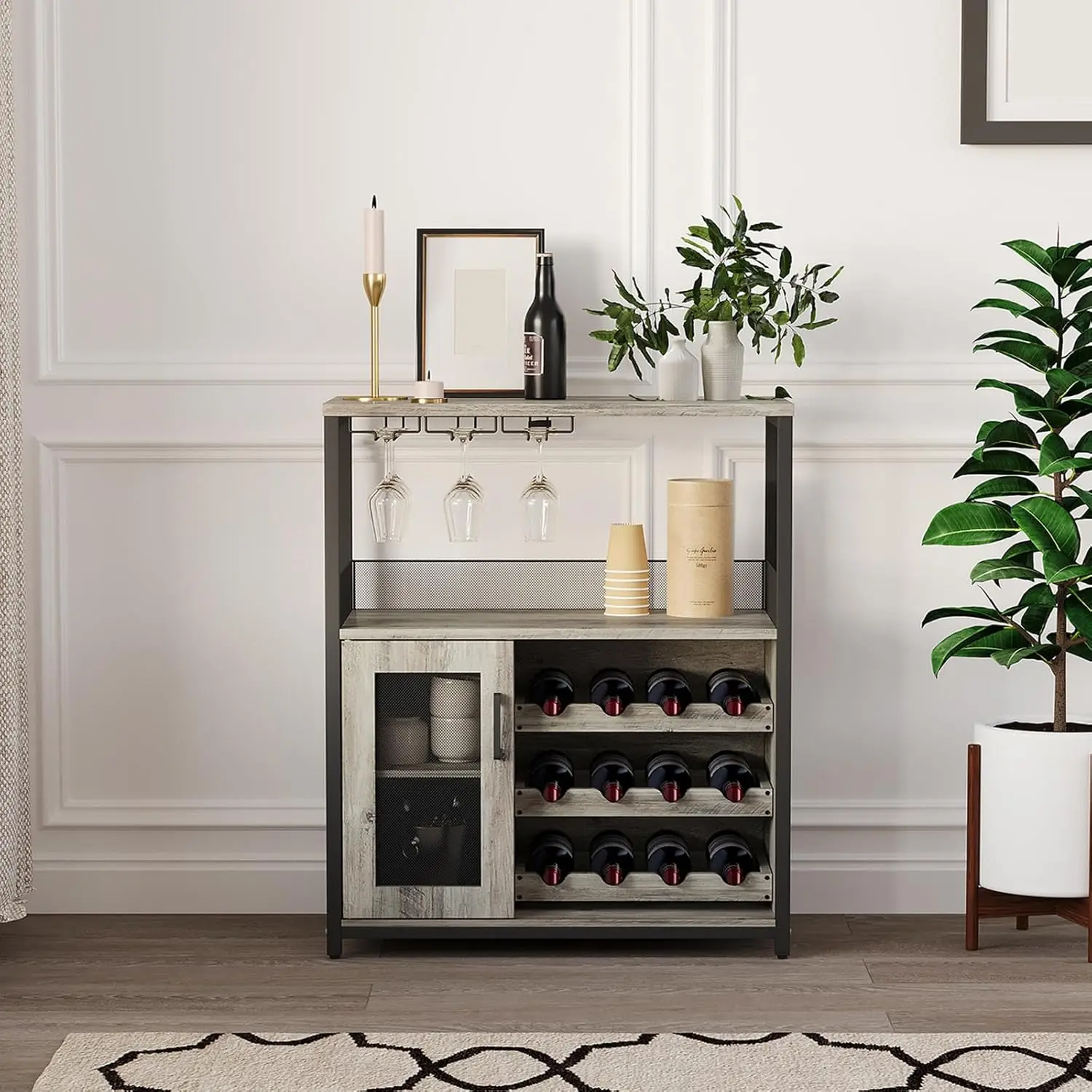 UK Bar Cabinet, Wine Rack Cabinet with Detachable Wine Rack, Adjustable Shelves Coffee Bar Cabinets with Mesh Door and Baffle De