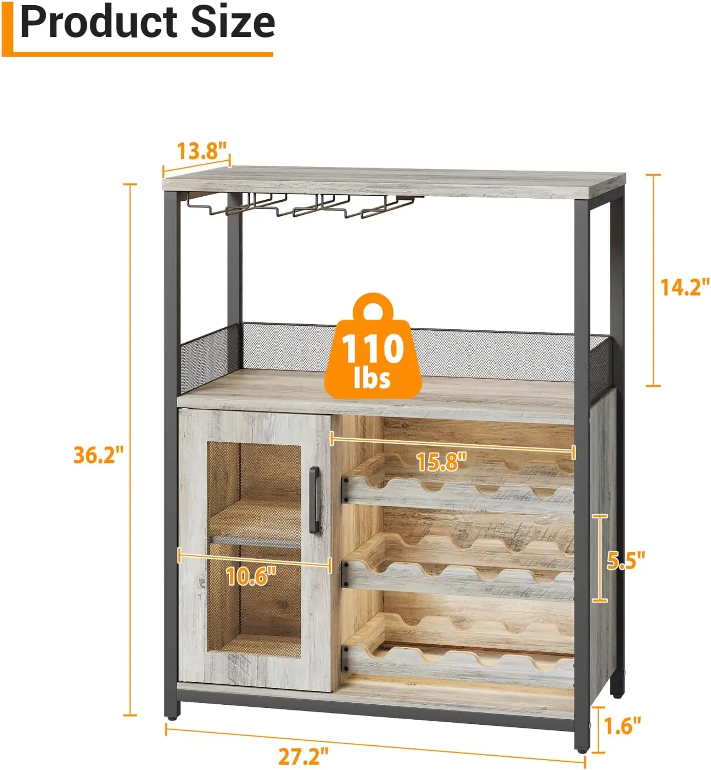 UK Bar Cabinet, Wine Rack Cabinet with Detachable Wine Rack, Adjustable Shelves Coffee Bar Cabinets with Mesh Door and Baffle De