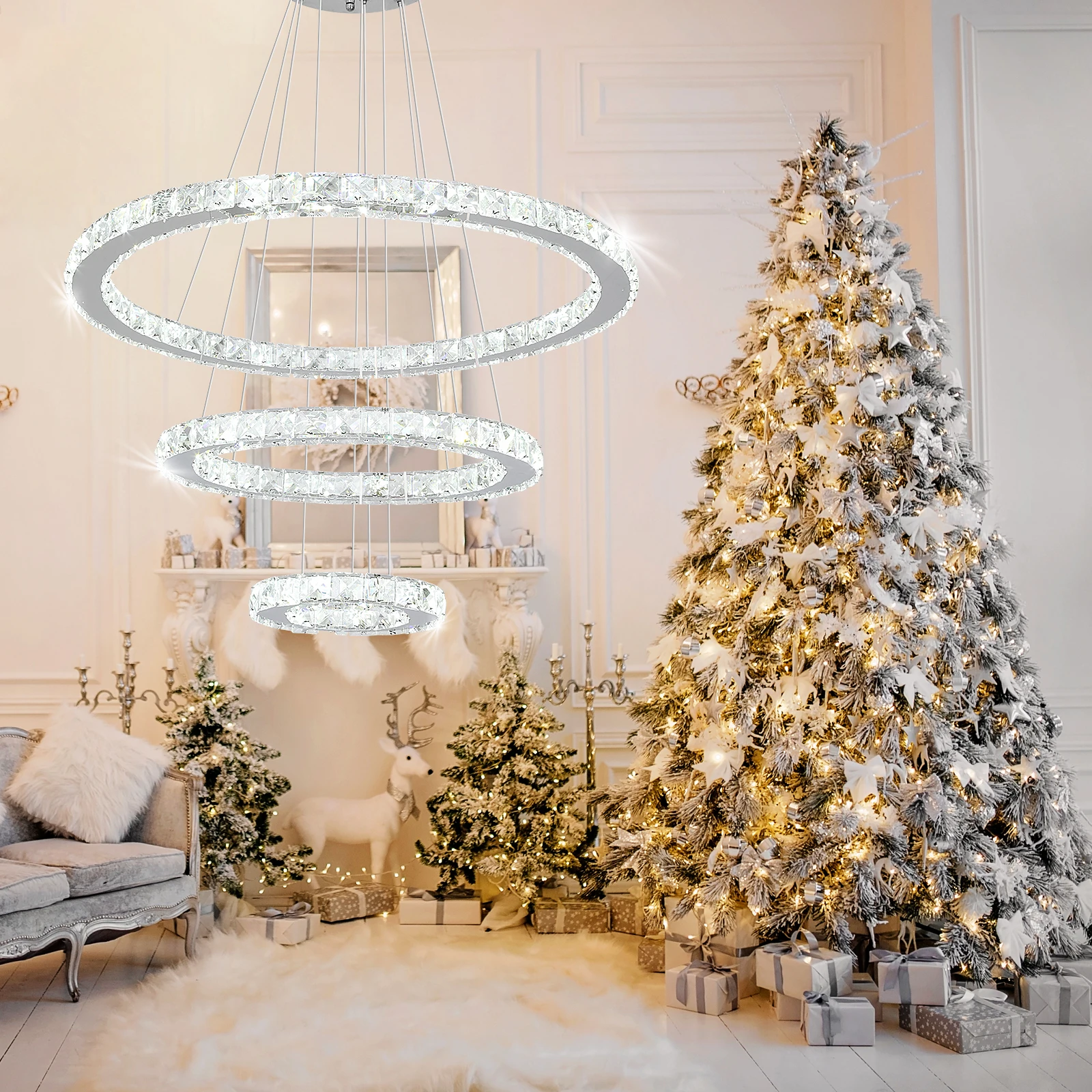 Crystal Ceiling Chandelier 3 Rings Hanging Chandelier In The Living Room Home Decoration Luxury Kitchen Light Led Lighting