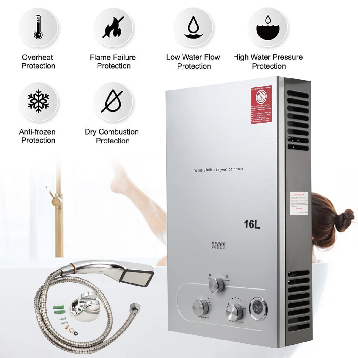 Hot Water Heater Instant Gas Water Heater Propane Gas Boilerr 6-18L Home Appliance Heaters Outdoor Camping With Shower Head Kit