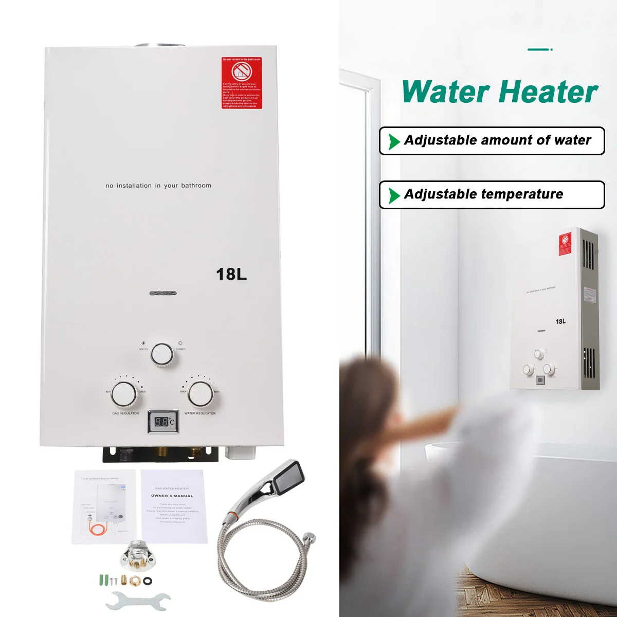 Hot Water Heater Instant Gas Water Heater Propane Gas Boilerr 6-18L Home Appliance Heaters Outdoor Camping With Shower Head Kit