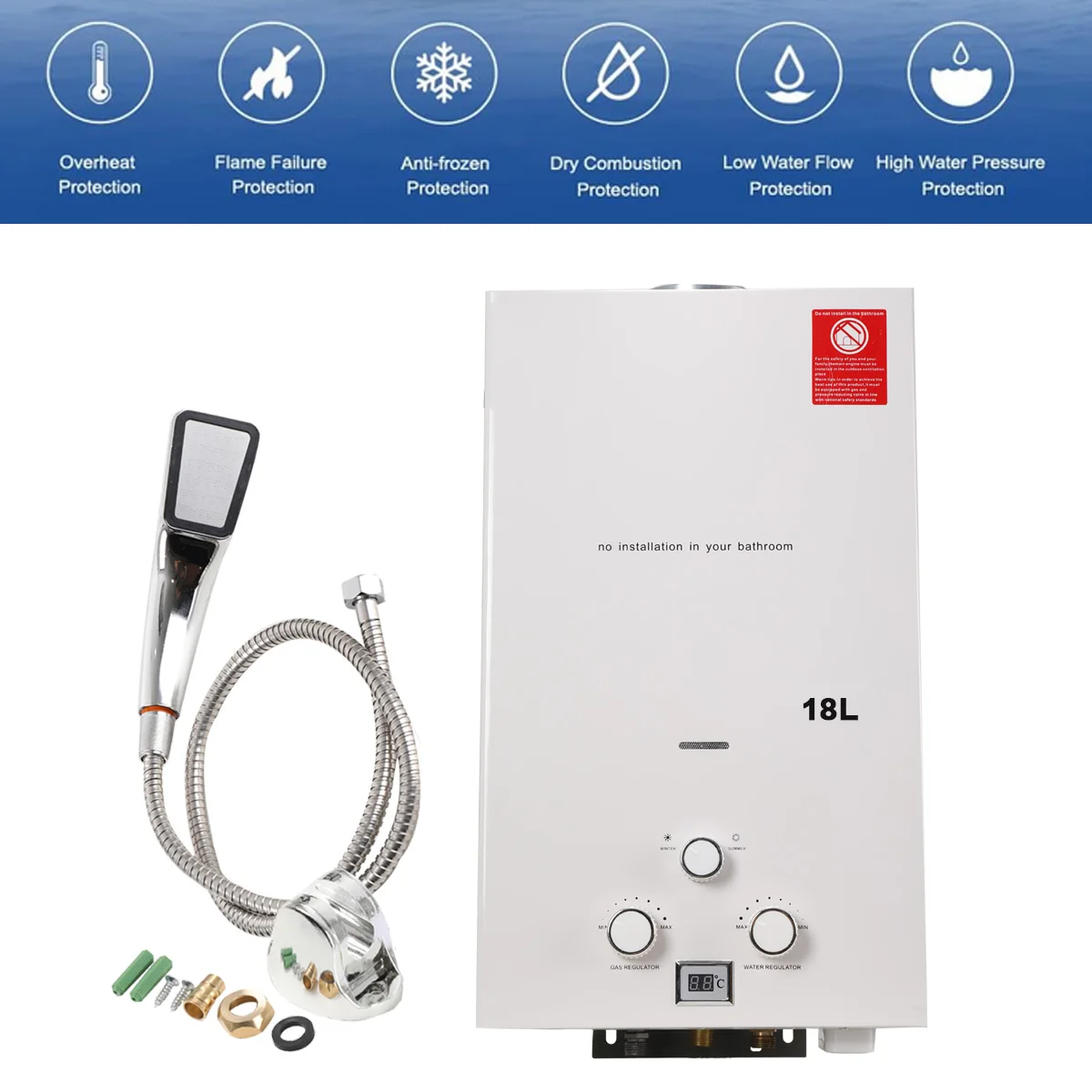 Hot Water Heater Instant Gas Water Heater Propane Gas Boilerr 6-18L Home Appliance Heaters Outdoor Camping With Shower Head Kit