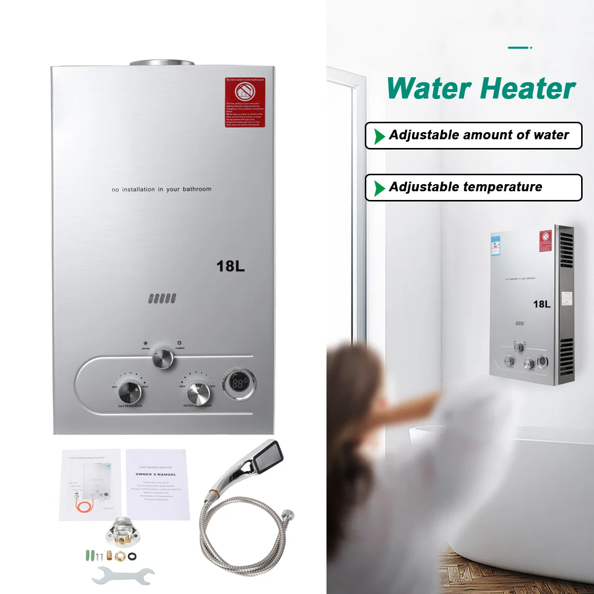 Hot Water Heater Instant Gas Water Heater Propane Gas Boilerr 6-18L Home Appliance Heaters Outdoor Camping With Shower Head Kit