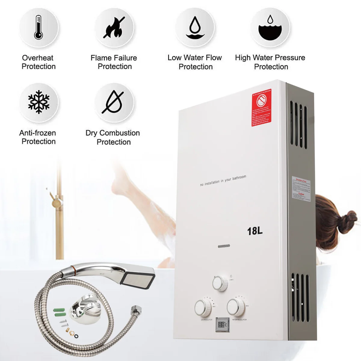 Hot Water Heater Instant Gas Water Heater Propane Gas Boilerr 6-18L Home Appliance Heaters Outdoor Camping With Shower Head Kit