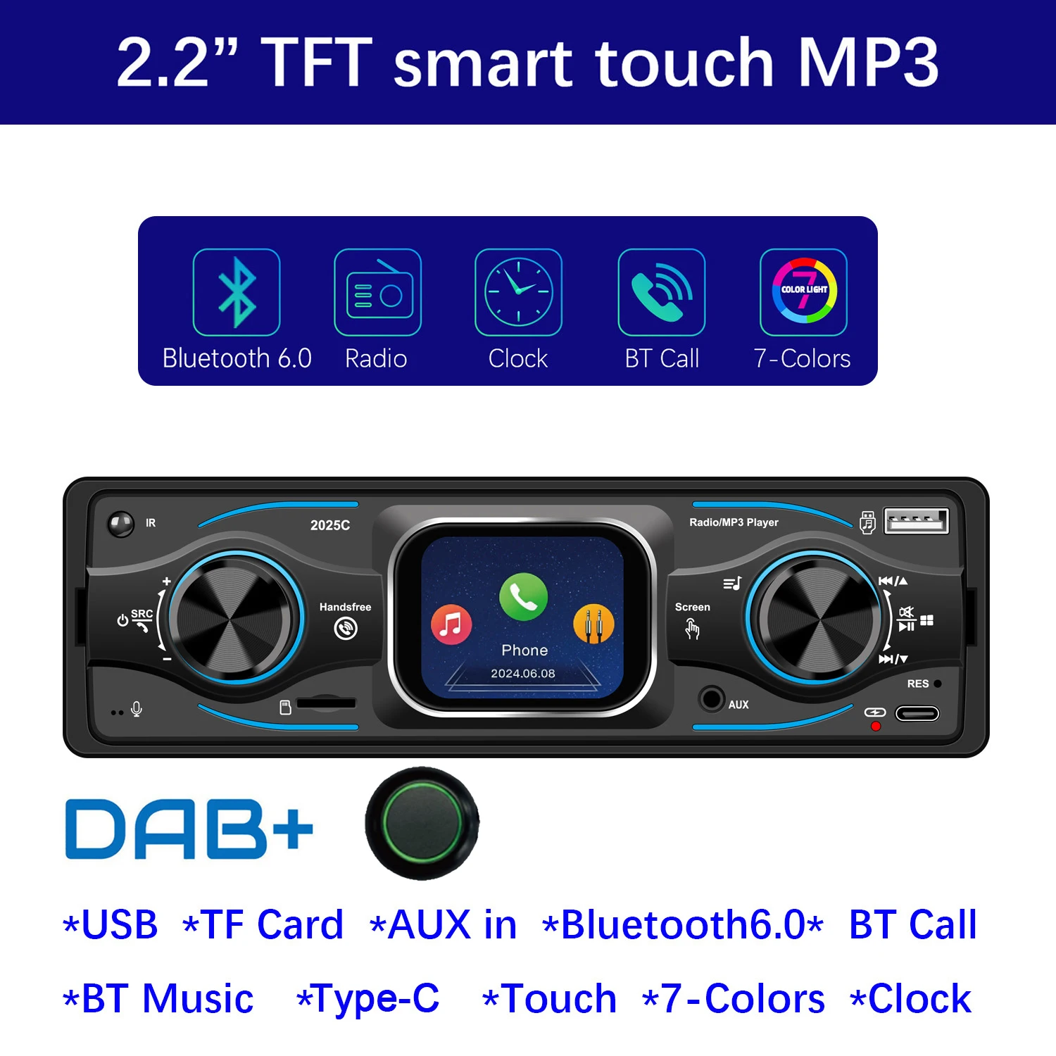 ESSGOO Single 1 Din Universal MP3 FM Player Car Stereo Radio Bluetooth 6.0 Handsfree USB/AUX with DAB+ 7 color Remote Control