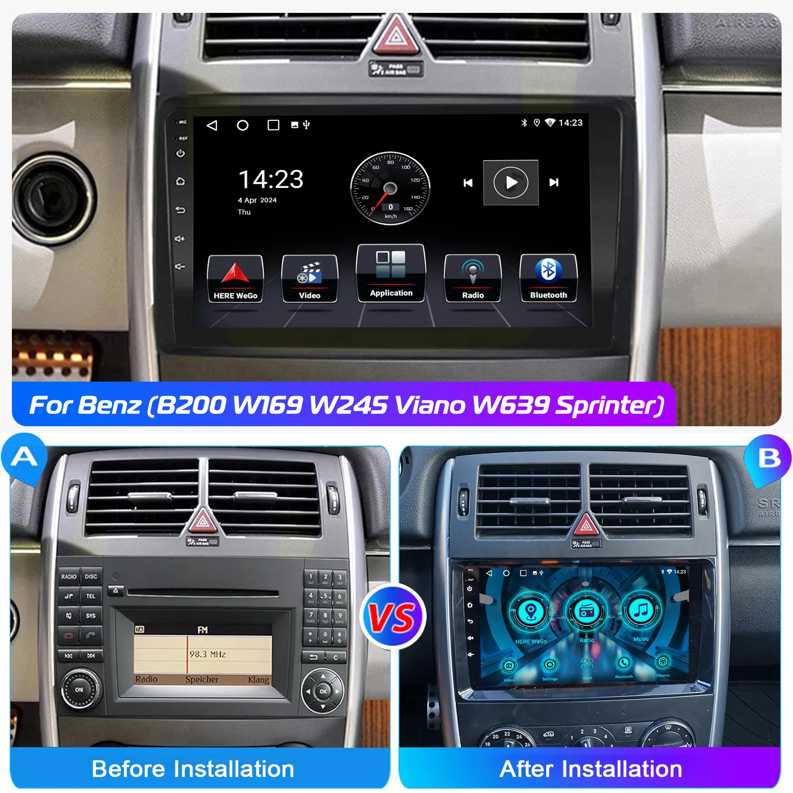 9''car stereo radio with 4+64GB for Benz B200 Vito W639 Sprinte Viano W169 Wireless CarPlay Android Auto GPS Bluetooth Wifi RDS