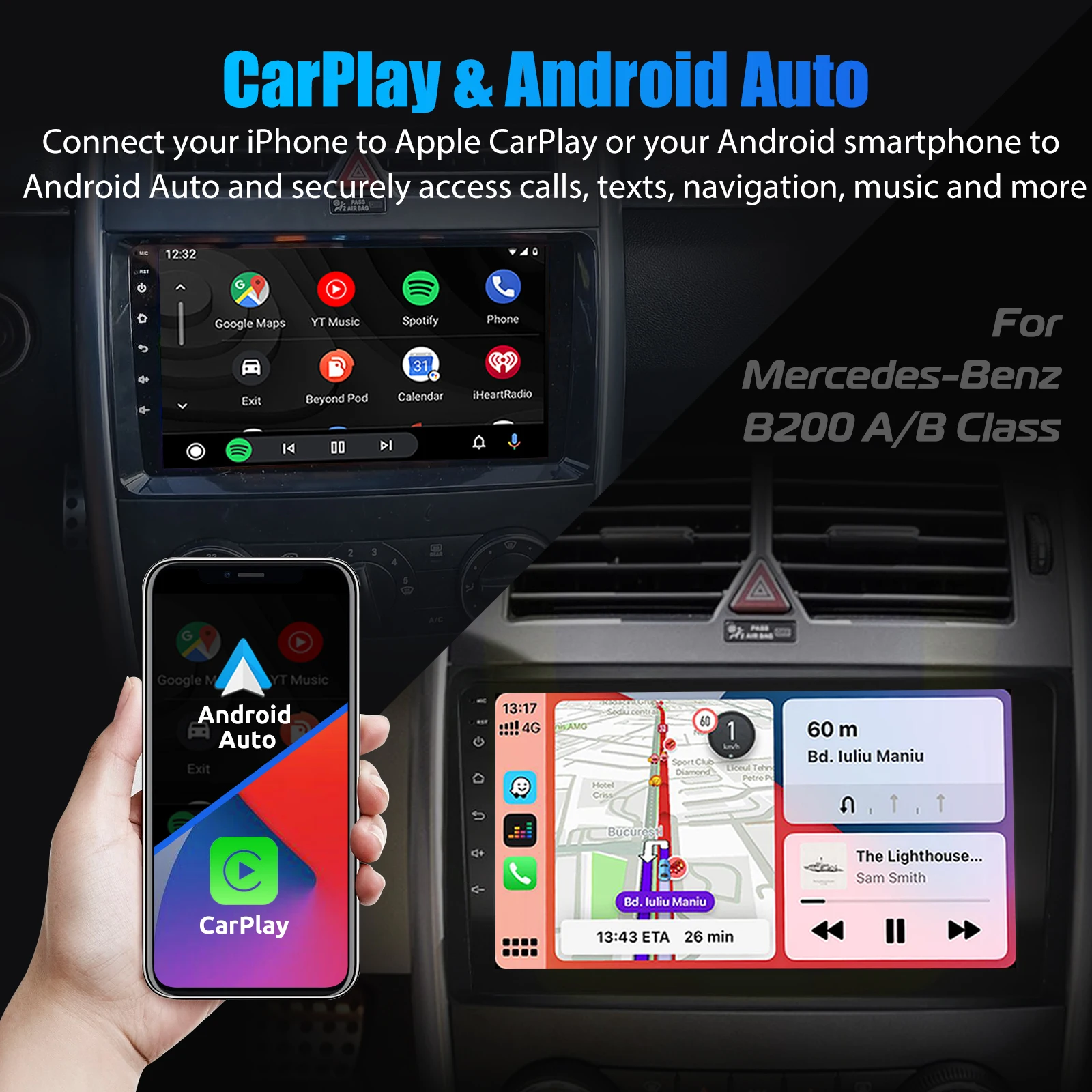 9''car stereo radio with 4+64GB for Benz B200 Vito W639 Sprinte Viano W169 Wireless CarPlay Android Auto GPS Bluetooth Wifi RDS