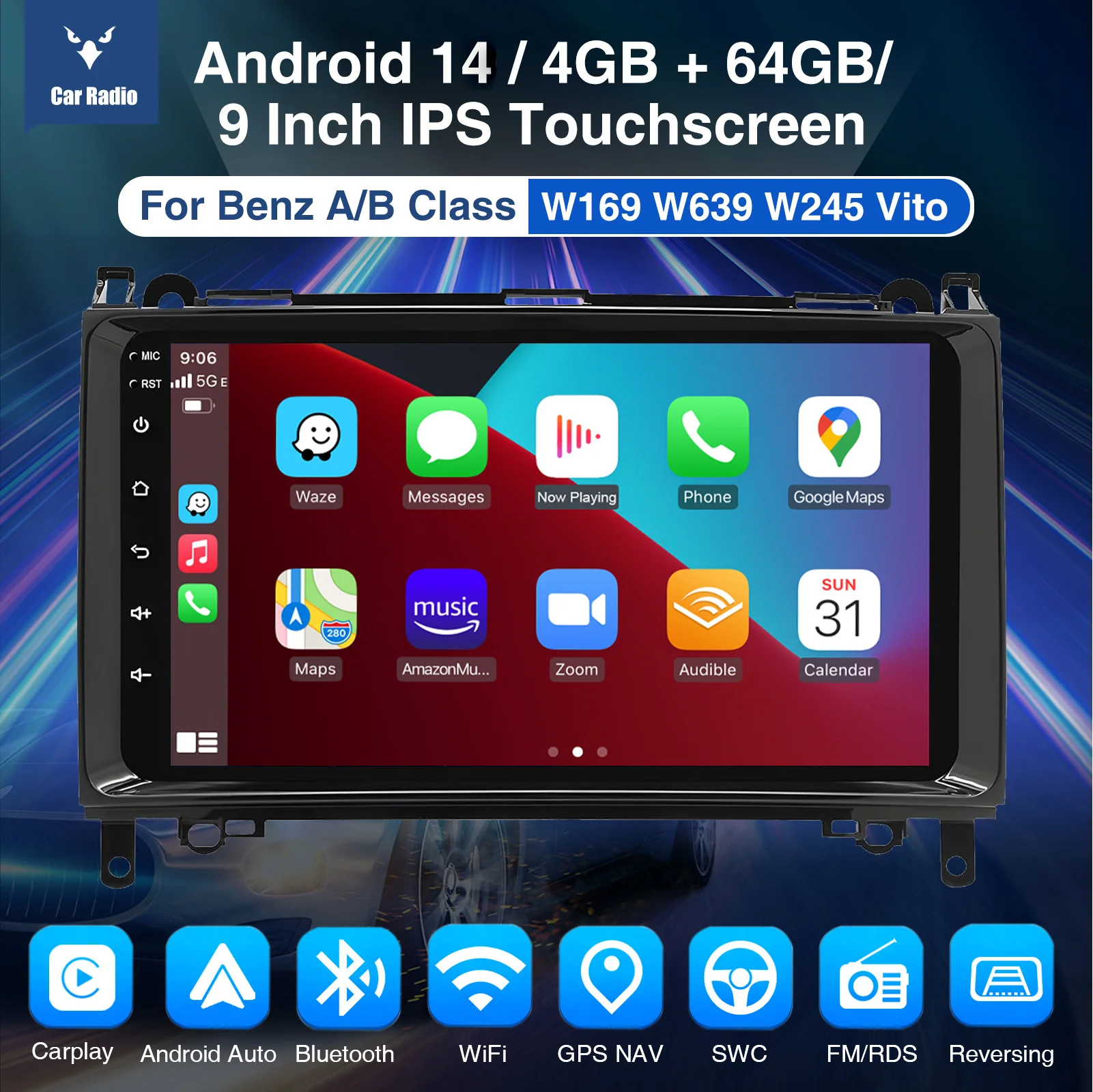 9''car stereo radio with 4+64GB for Benz B200 Vito W639 Sprinte Viano W169 Wireless CarPlay Android Auto GPS Bluetooth Wifi RDS