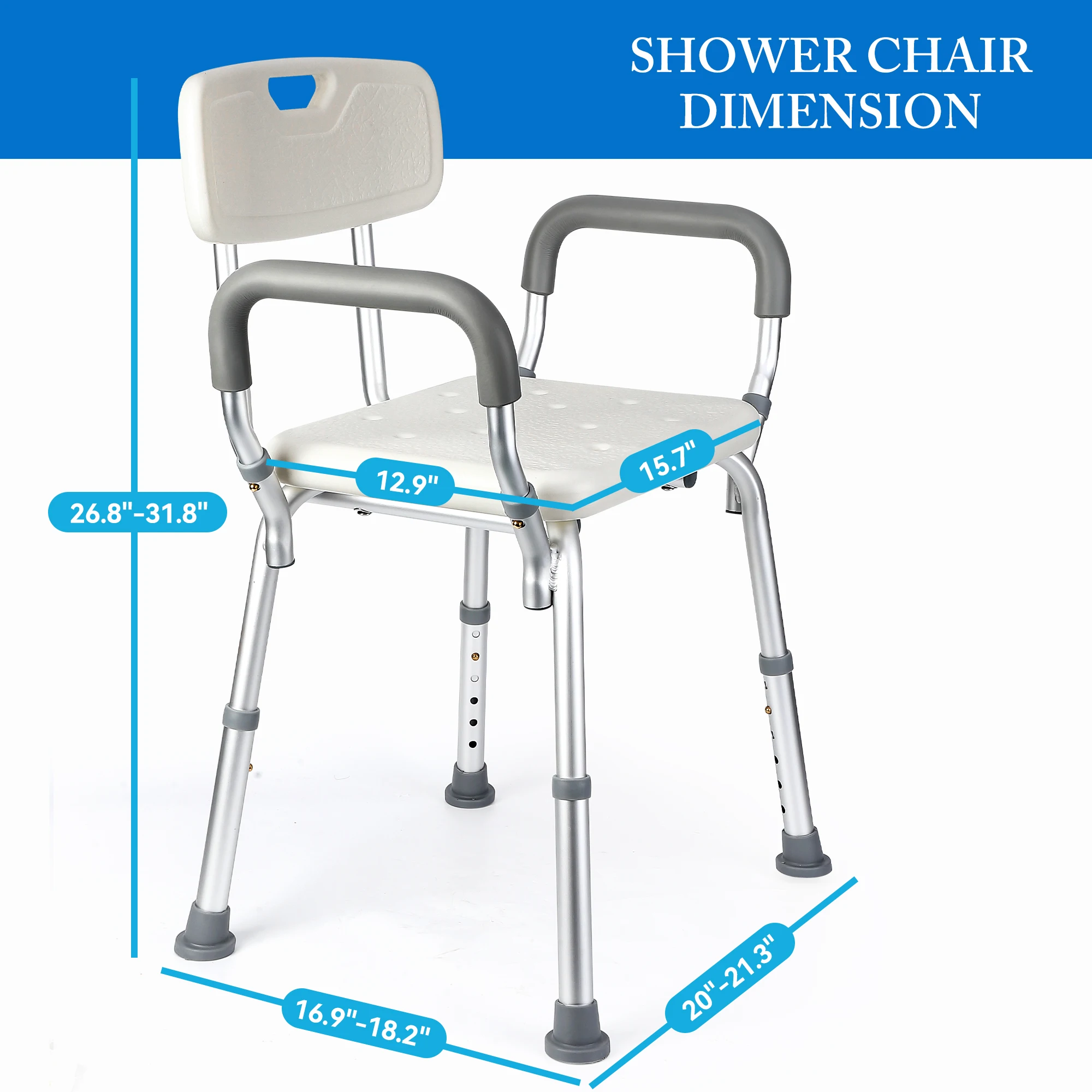 Shower Chair Seat with Padded Armrests for Bathtub Slip Resistant Shower Seat Adjustable Height Shower Chair 350 lb Capacity