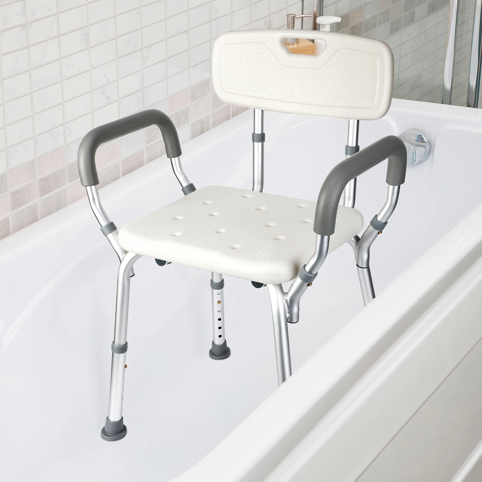 Shower Chair Seat with Padded Armrests for Bathtub Slip Resistant Shower Seat Adjustable Height Shower Chair 350 lb Capacity