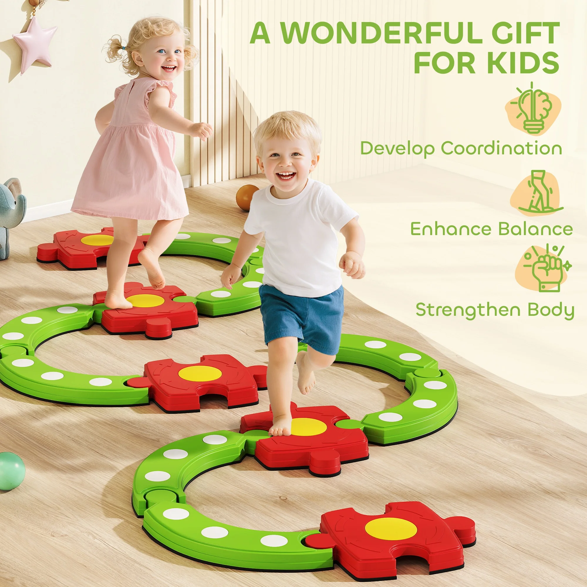 AIYAPLAY Kids Stepping Stones Balance Beam, Outdoor Indoor Sensory Toy Green