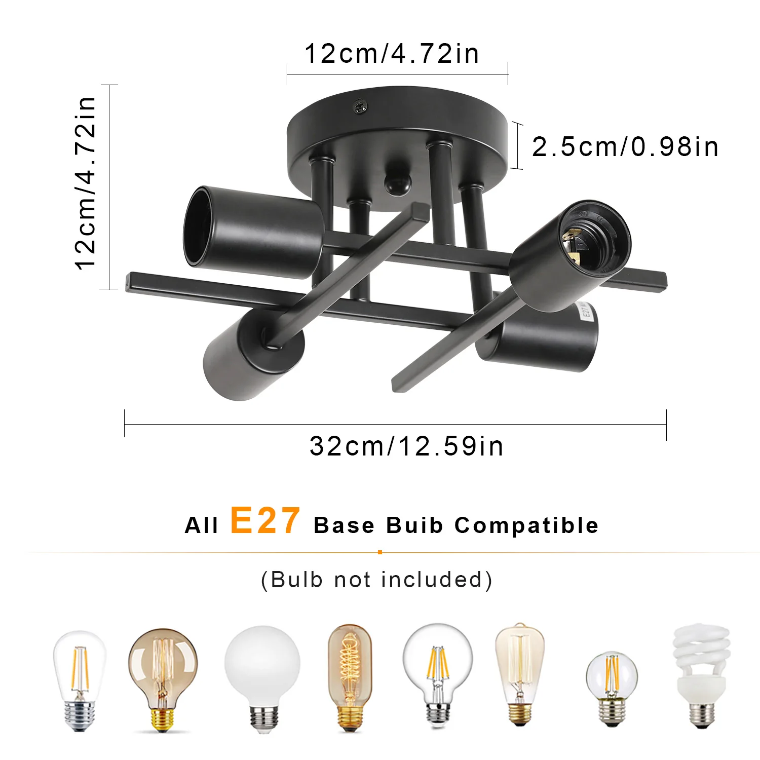 Black Sputnik Ceiling Lamp, Industrial Semi-Recessed Ceiling Lamp, Max 60W, 4 Lights, Vintage Ceiling Light E27 Bulb Not Include