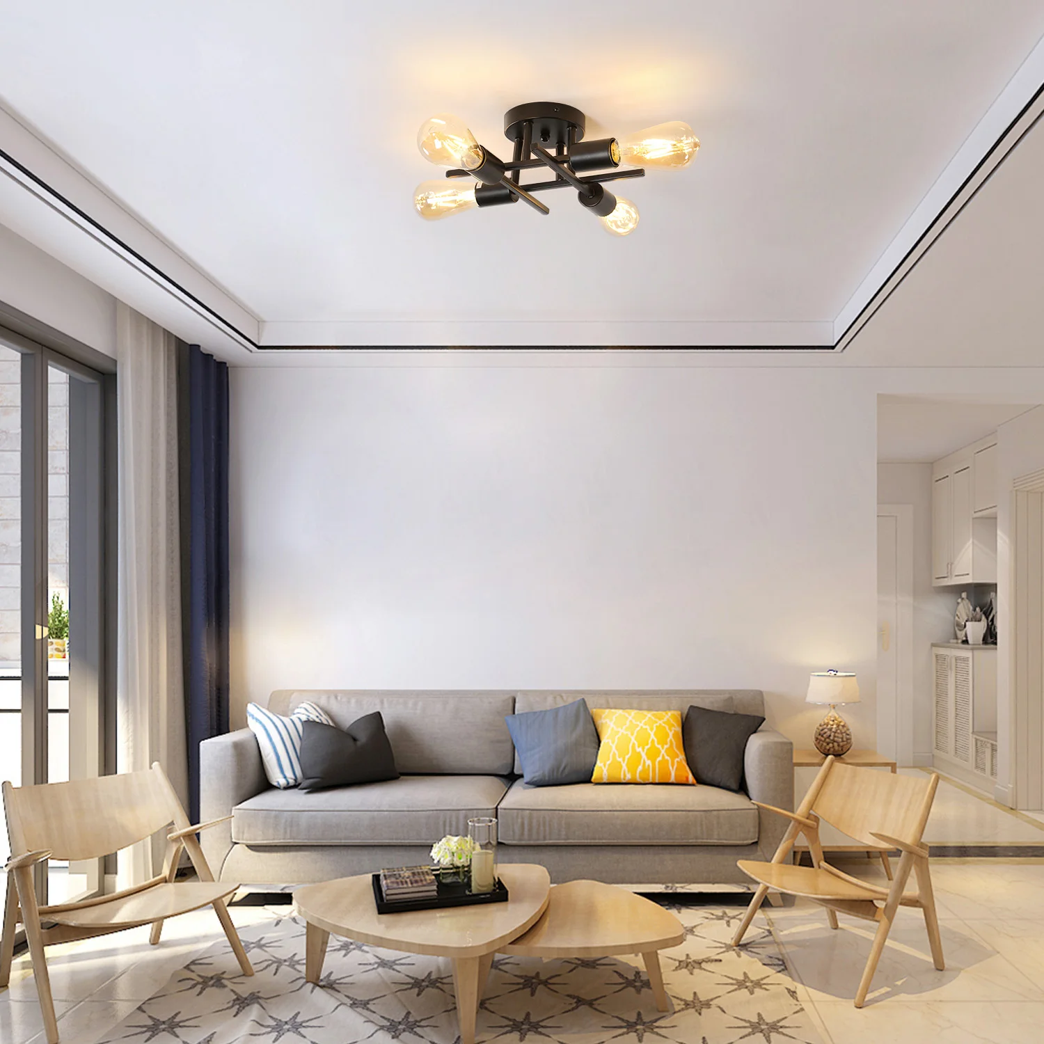 Black Sputnik Ceiling Lamp, Industrial Semi-Recessed Ceiling Lamp, Max 60W, 4 Lights, Vintage Ceiling Light E27 Bulb Not Include