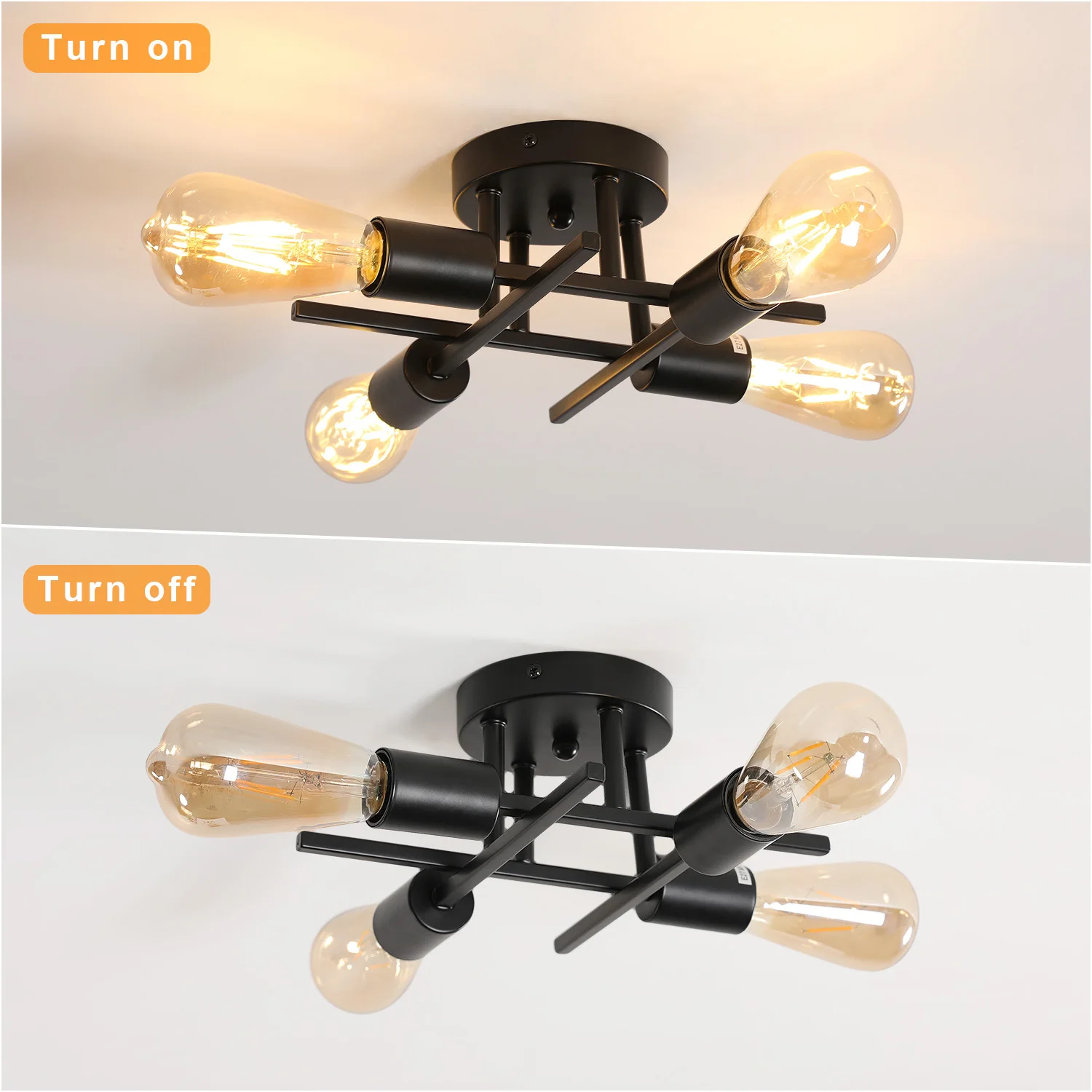 Black Sputnik Ceiling Lamp, Industrial Semi-Recessed Ceiling Lamp, Max 60W, 4 Lights, Vintage Ceiling Light E27 Bulb Not Include