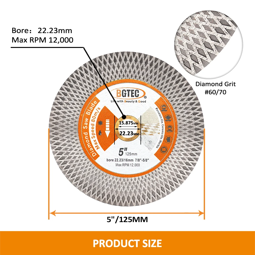 BGTEC Dia125mm Diamond Saw Blade Double-sided X Mesh 1pc 5inch Tile Ceramic Marble Stone Granite Quartz Cutting Grinding Disc