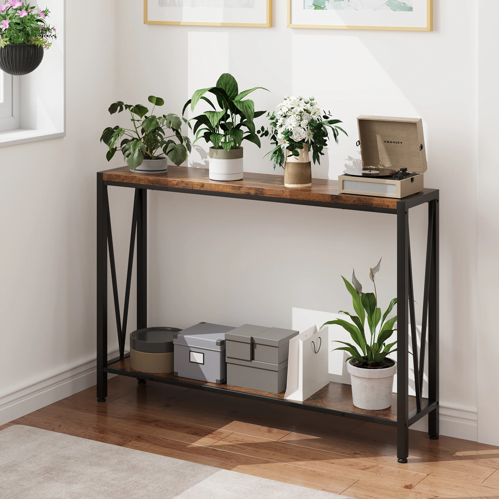 2-Tier Console Table with Storage Narrow Sofa Table with V Design 110cm Industrial Corridor Table for Hallway Entryway Foyer