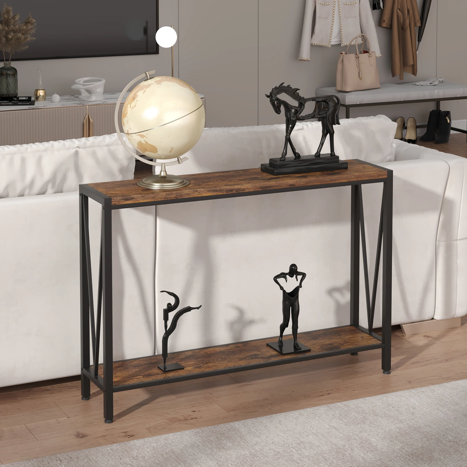 2-Tier Console Table with Storage Narrow Sofa Table with V Design 110cm Industrial Corridor Table for Hallway Entryway Foyer