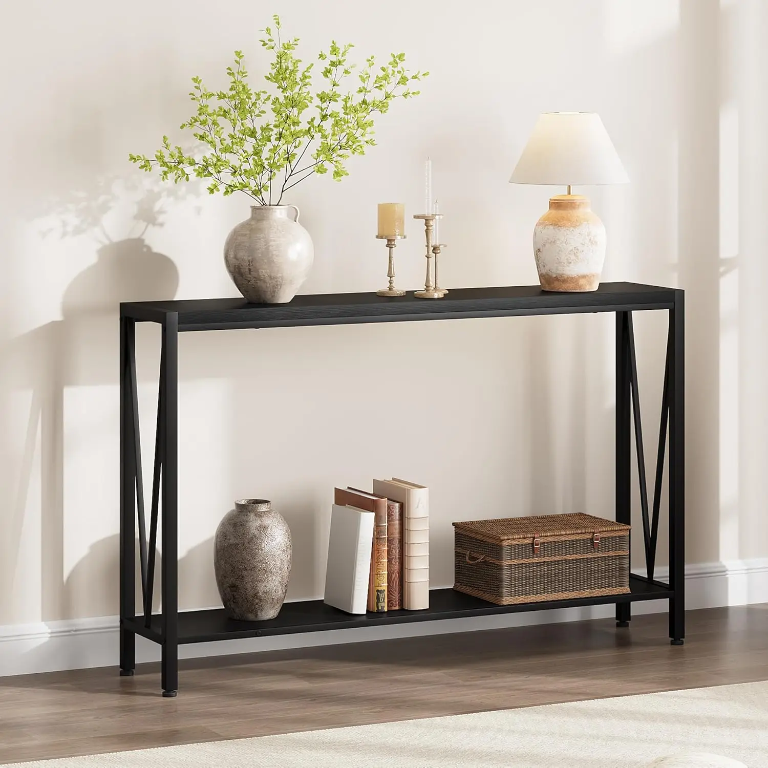 2-Tier Console Table with Storage Narrow Sofa Table with V Design 110cm Industrial Corridor Table for Hallway Entryway Foyer