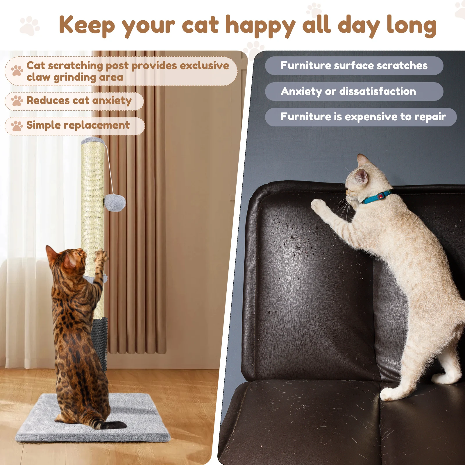 Cat Scratching Post & Activity Centre - 80cmTall Kitty Climbing Tree with Sisal Rope, Hanging Ball & Carpet Covered Heavy Base