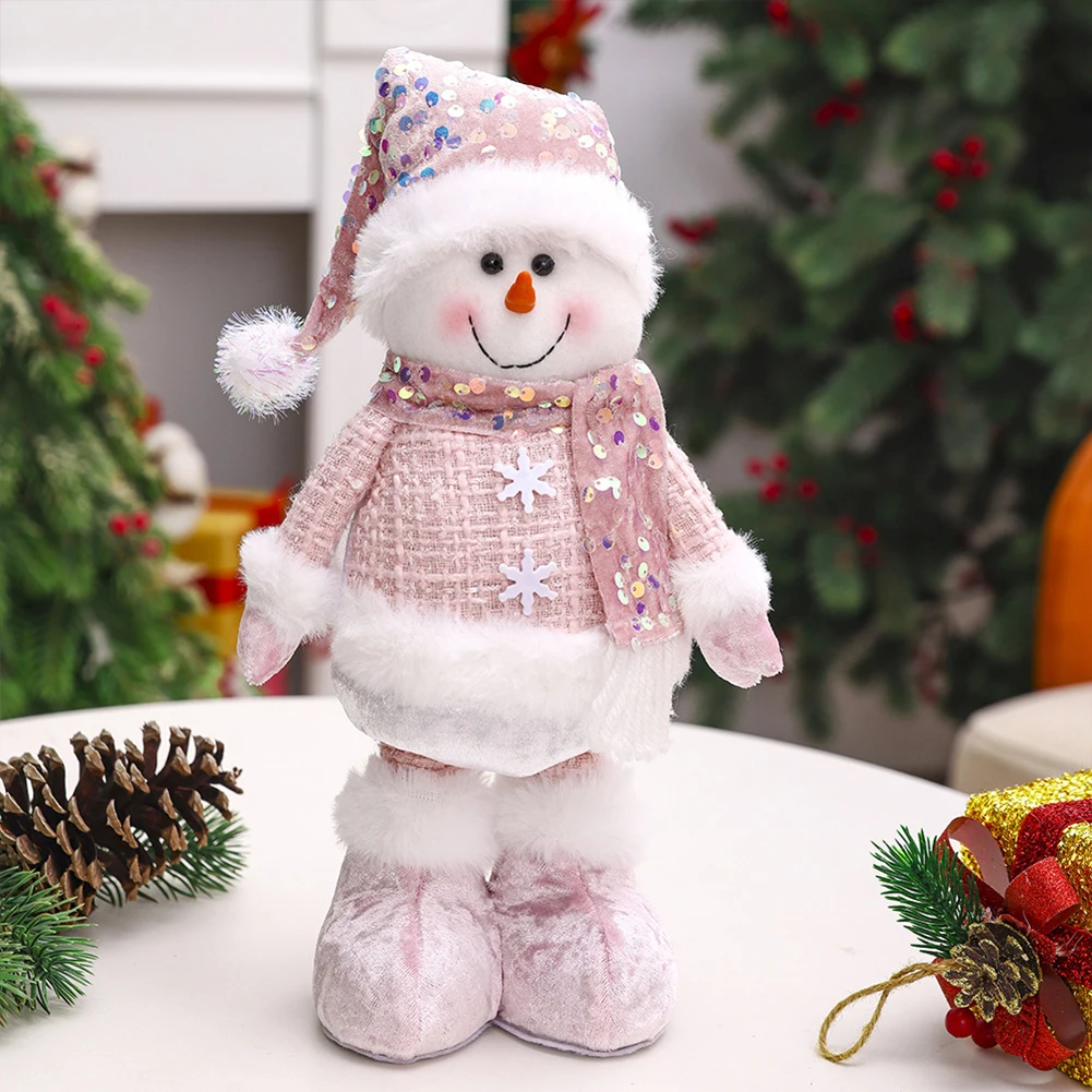 1PC Christmas Standing Telescopic Snowman Desktop Cute Soft Pink Snowmans Decorative Figurine Xmas Holiday Party Home Decoration