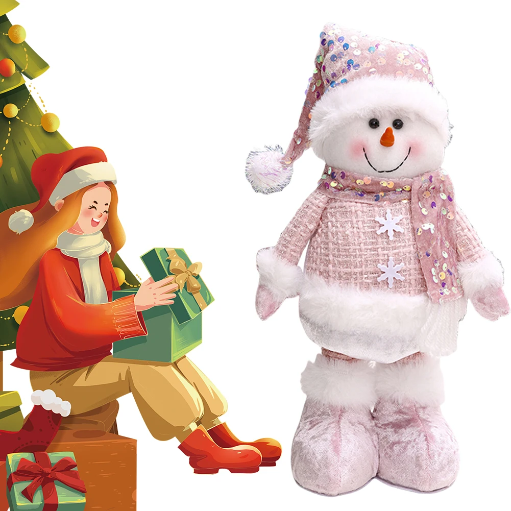 1PC Christmas Standing Telescopic Snowman Desktop Cute Soft Pink Snowmans Decorative Figurine Xmas Holiday Party Home Decoration