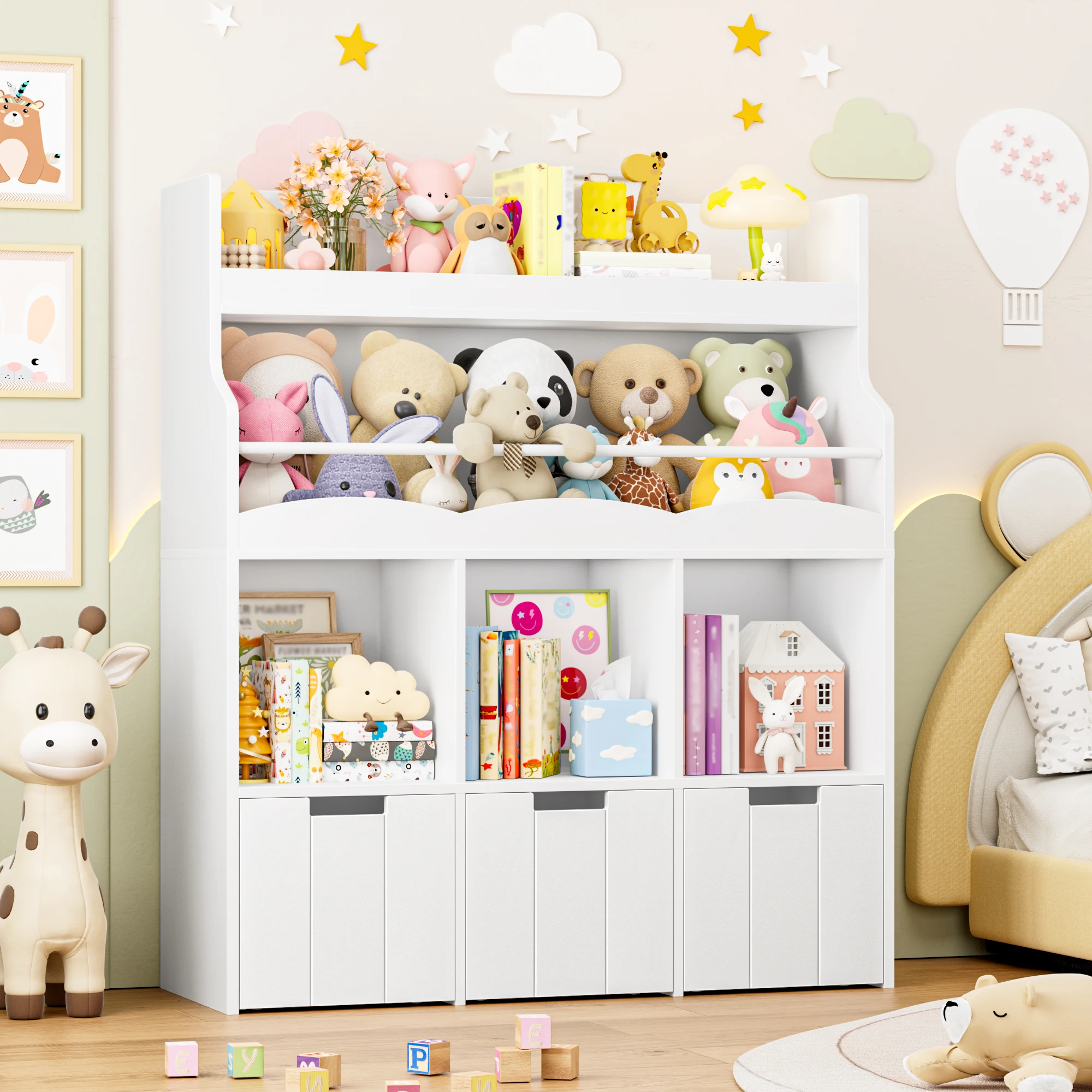 Kids' Bookshelf with Boxes on Wheels, Kids' Bookcase with 4 Storage Bins, Toy Shelf Kids' Room for Bedroom Kindergarten
