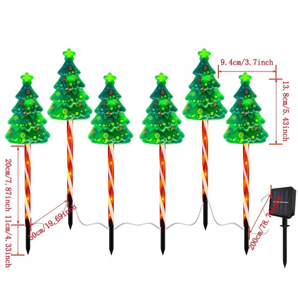 6 Pack LED Solar Powered String Lights IP65 Waterproof Xmas Tree Candy Cane Light Decorative Pathway Light for Courtyard Balcony