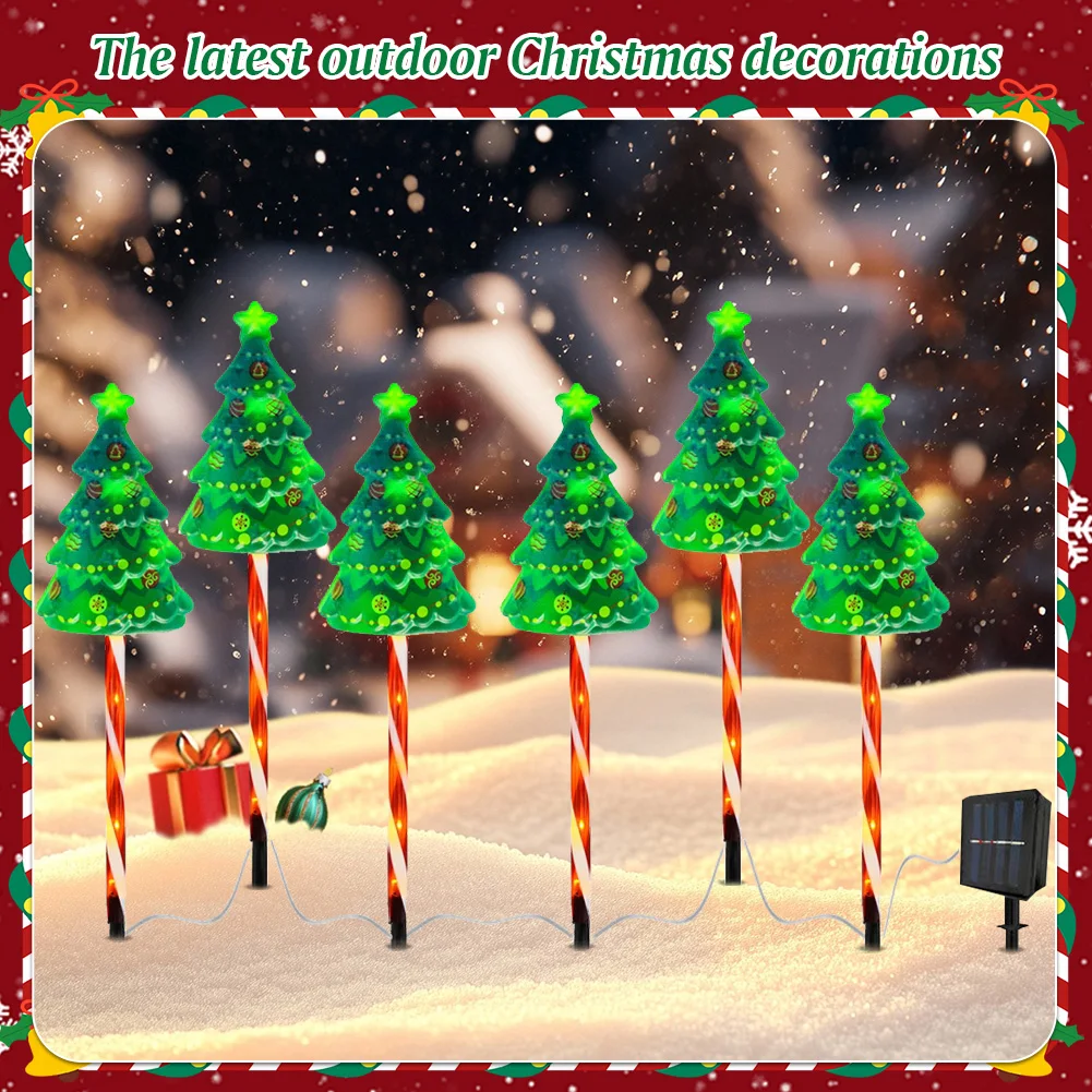 6 Pack LED Solar Powered String Lights IP65 Waterproof Xmas Tree Candy Cane Light Decorative Pathway Light for Courtyard Balcony
