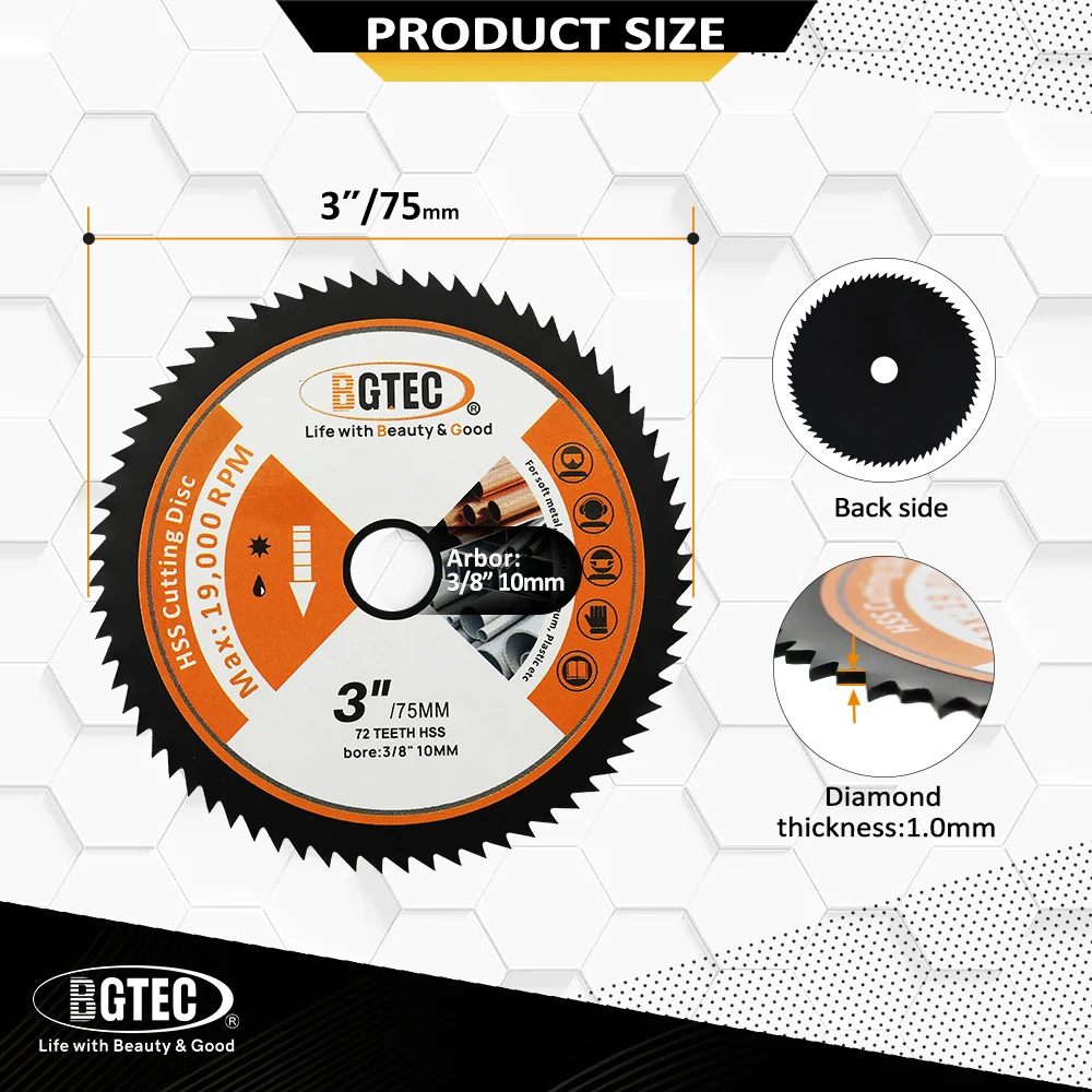 BGTEC Dia75mm 1pc Superthin Cutting Disc HSS Soft Metal Cutter Copper Pipe Aluminum Wood Mini Grinder Bore10mm Saw Blade 3inch