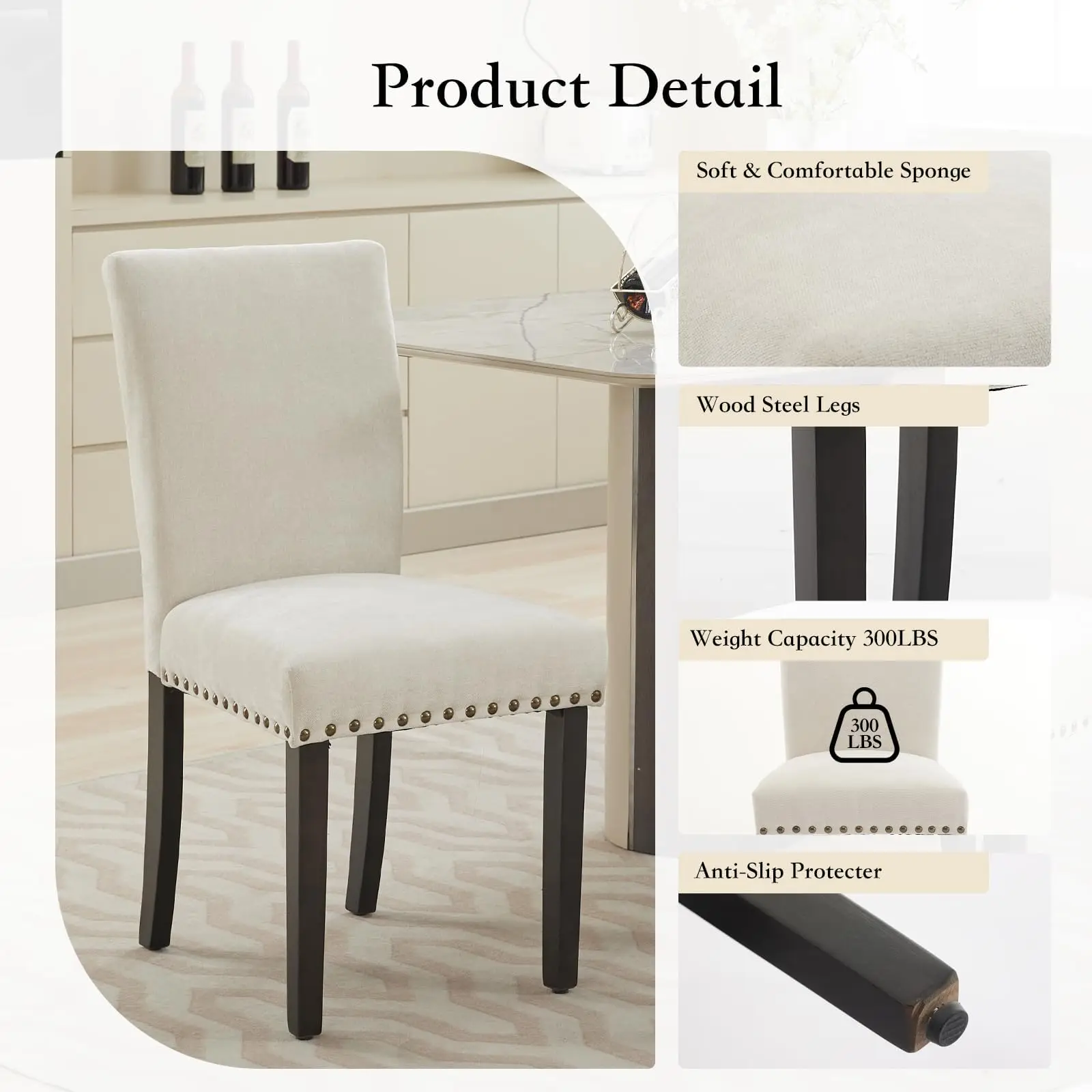 Dining Chairs Set of 2 , Upholstered Diner Room Chair Sets Fabric Kitchen Chairs with Nailhead Trim/Sturdy Wood Legs and Padded