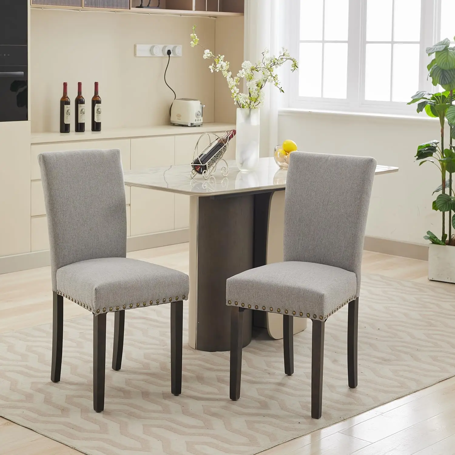 Dining Chairs Set of 2 , Upholstered Diner Room Chair Sets Fabric Kitchen Chairs with Nailhead Trim/Sturdy Wood Legs and Padded